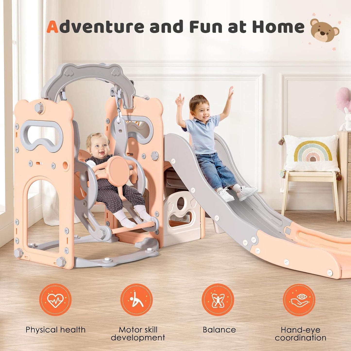 Children's Slide, Large Toddler Slide with Basketball Hoop, Climbing Frame for the Garden, Telescope, Storage Space, for 1-3 Years, Extra Long 1700 mm (7-in-1 Elk Slide Active Model (Khaki)))