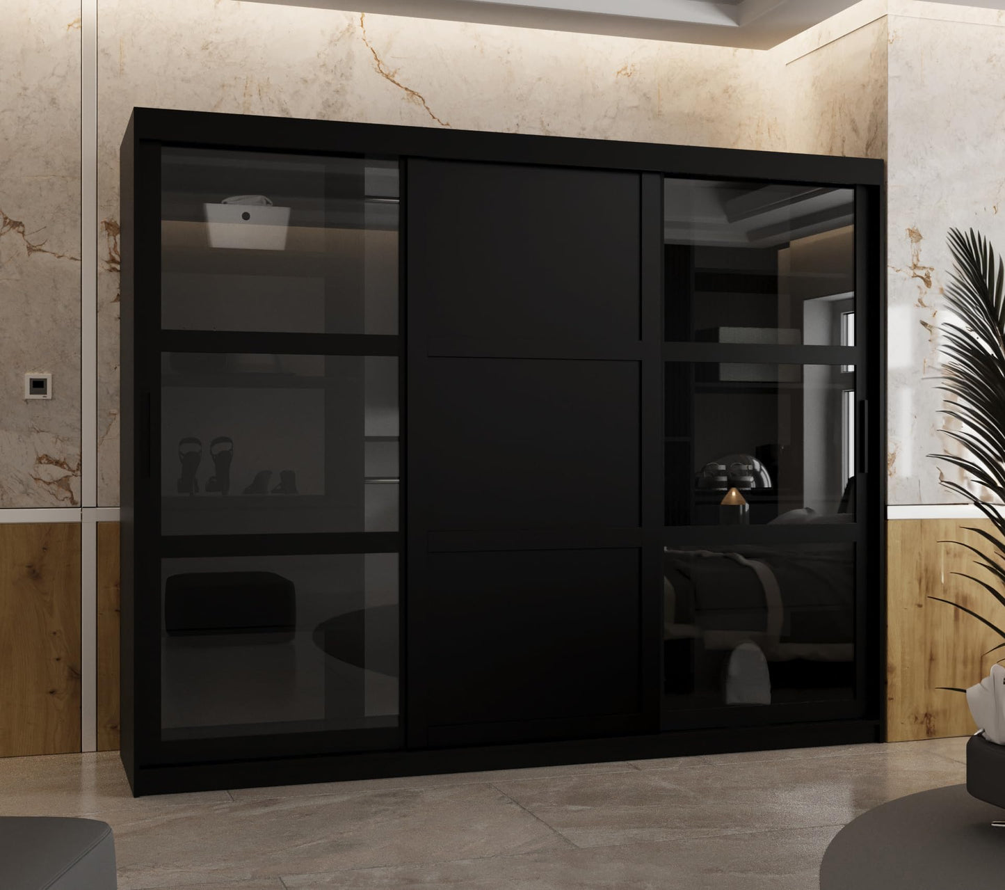 MEBLE KRYSPOL Dome 2 Schrank mit DREI Schiebetüren mit Spiegel, Stangen und Regalen - Aufbewahrungsschrank mit Rauchglas für Schlafzimmer, Wohnzimmer - 200x250x62cm - Schwarz, Schwarz, Schwarz