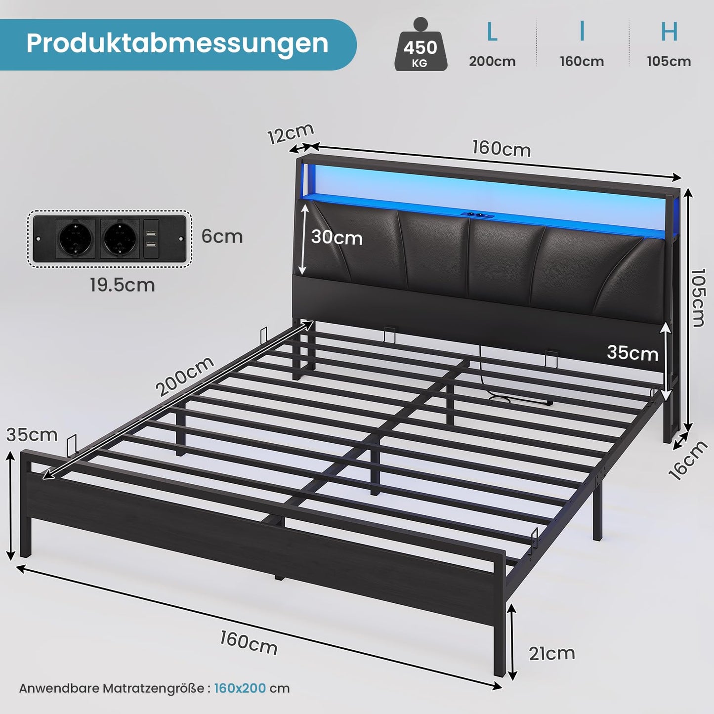 Brinlawb Bed 140 x 200 cm with Metal Slatted Frame, Bed Frame 140 x 200 cm with LED Lighting, Metal Bed 140 x 200 cm with Headboard and Charging Station (2 AC Sockets, 2 USB Ports), Youth Bed, Double