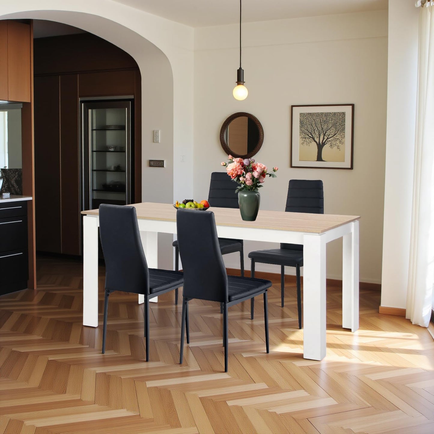 FURNITABLE Esstisch mit 6 Stühlen Esszimmergruppe, Essgruppe mit Hochlehner Kunstleder Stuhl für 6 Personen, Sitzgruppe für Küche Wohnzimmer(160cm Eiche-Weiß Tischbein Tisch+6 Schwarz Stühle)