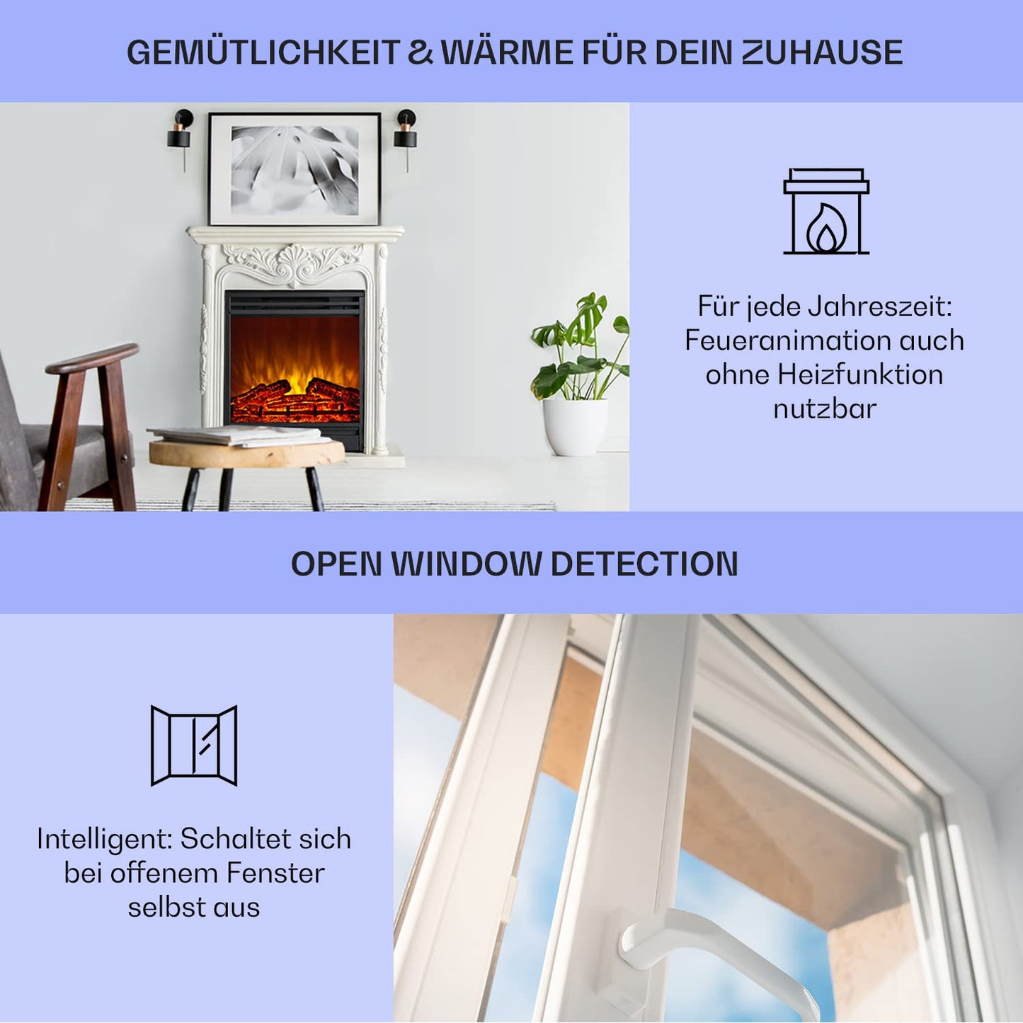 Klarstein Elektrokamin, Elektro Heizungen für Wohnzimmer & Innenräume, Elektrischer mit LED Flammen, mit Fernbedienung, Elekroofen-Kamin, Automatische Temperaturregelung, Heizung 1800 W