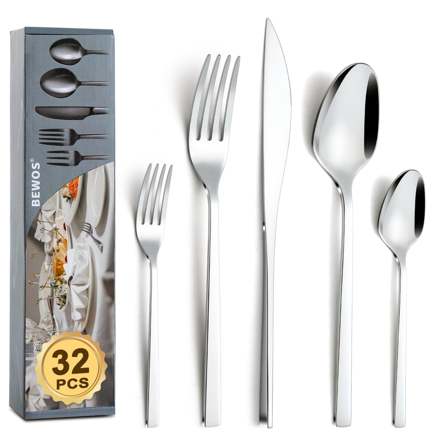 BEWOS Besteckset für 6 Personen, 30-teiliges Besteckset aus Edelstahl, Besteckset aus Silber, inklusive Messer, Gabeln und Löffel, hochglanzpoliert und spülmaschinenfest