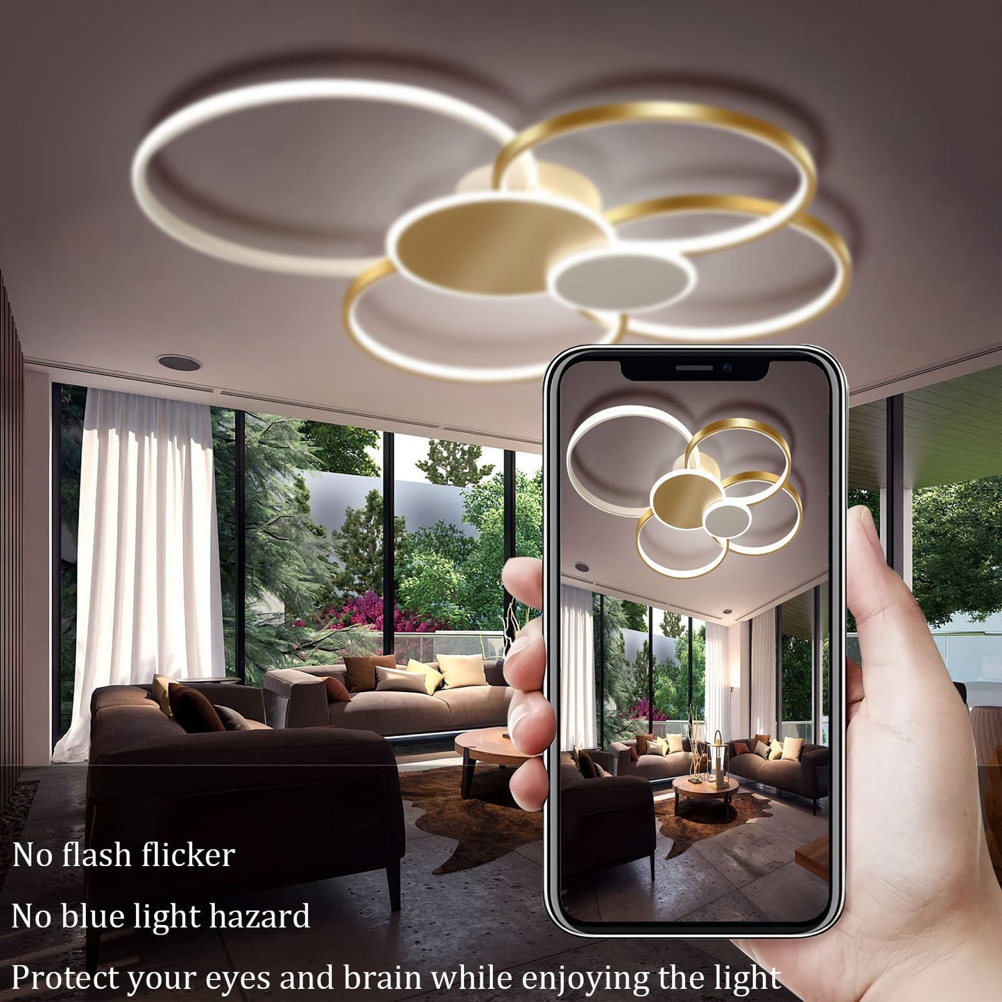 WERSVG L80cm Modern LED Deckenleuchte Wohnzimmer Deckenlampe gold 6-Ring Deckenleuchte 70W 5600LM Dimmbar 3500K - 6500KMit Fernbedienung flurlampe decke, für Wohnzimmer Schlafzimmer Küche Esszimmer