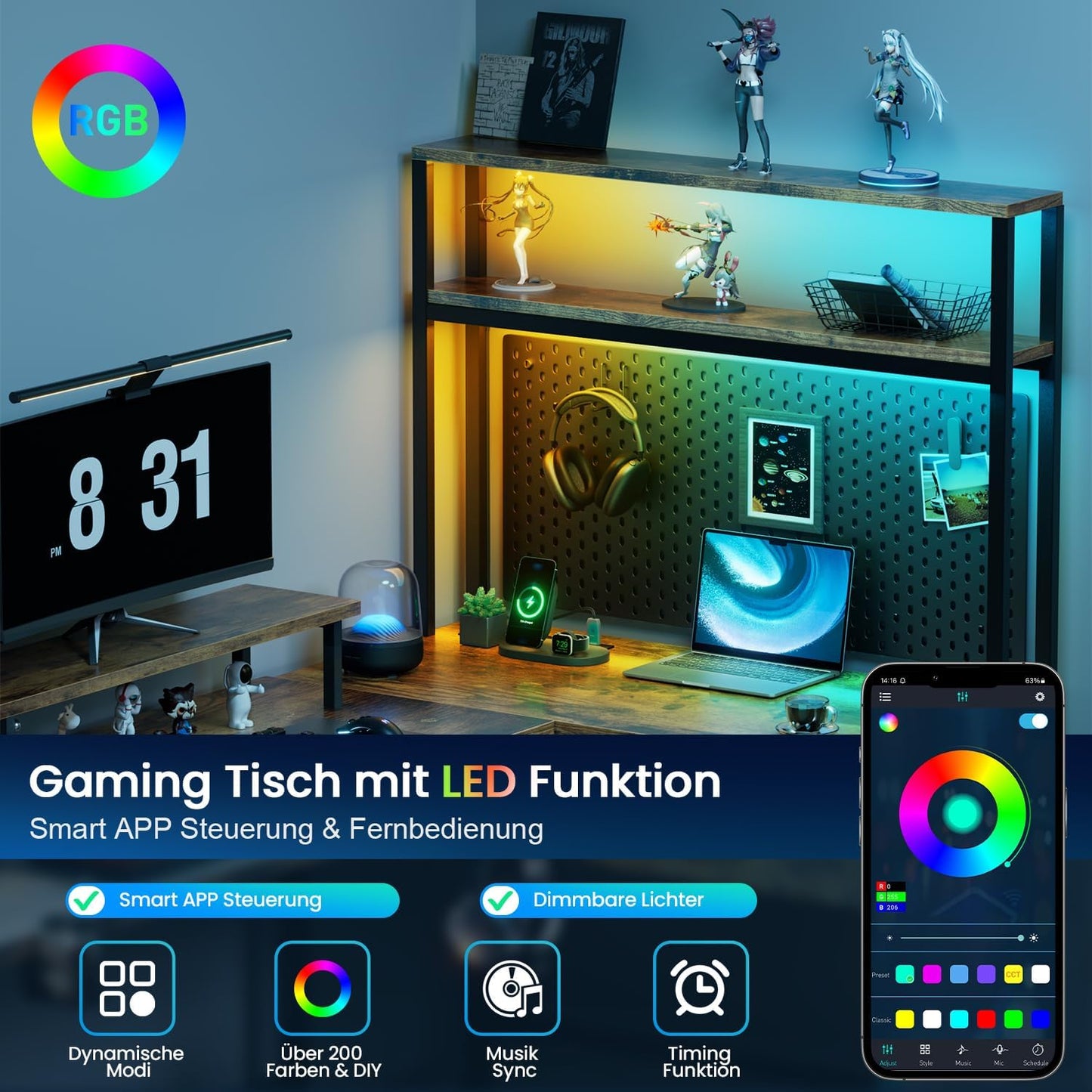 HLONONE Gaming Table with LED, 150 x 100 cm Gaming Desk, L Shape with 3 Sockets and 2 USB, Reversible Corner Desk, PC Corner Table, Computer Desk with Monitor Stand and Countertop Shelf, Black