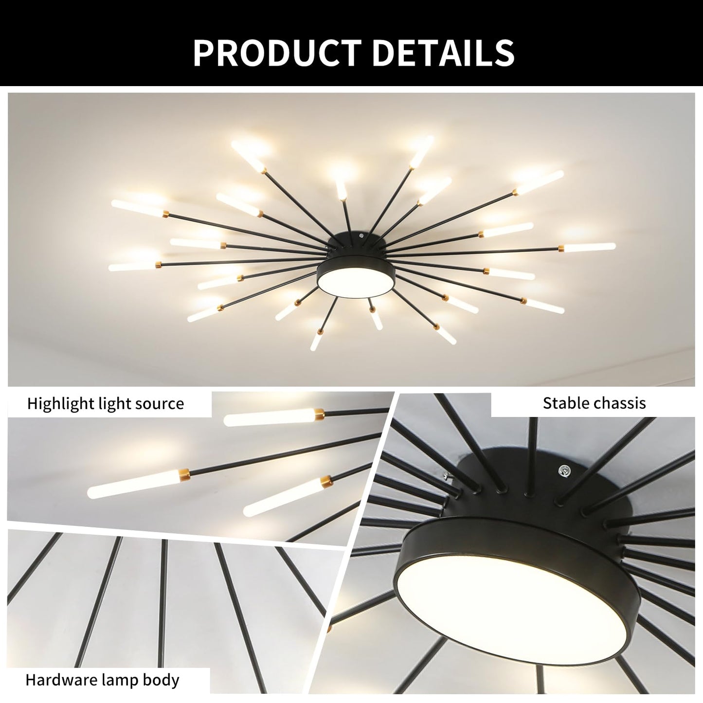 minifair Moderne LED-Deckenleuchte, 12 + 1 Köpfe, halbbündige Deckenleuchte, goldene Kronleuchter, Deckenbeleuchtung für Schlafzimmer, Wohnzimmer, Küche, Esszimmer, Restaurant