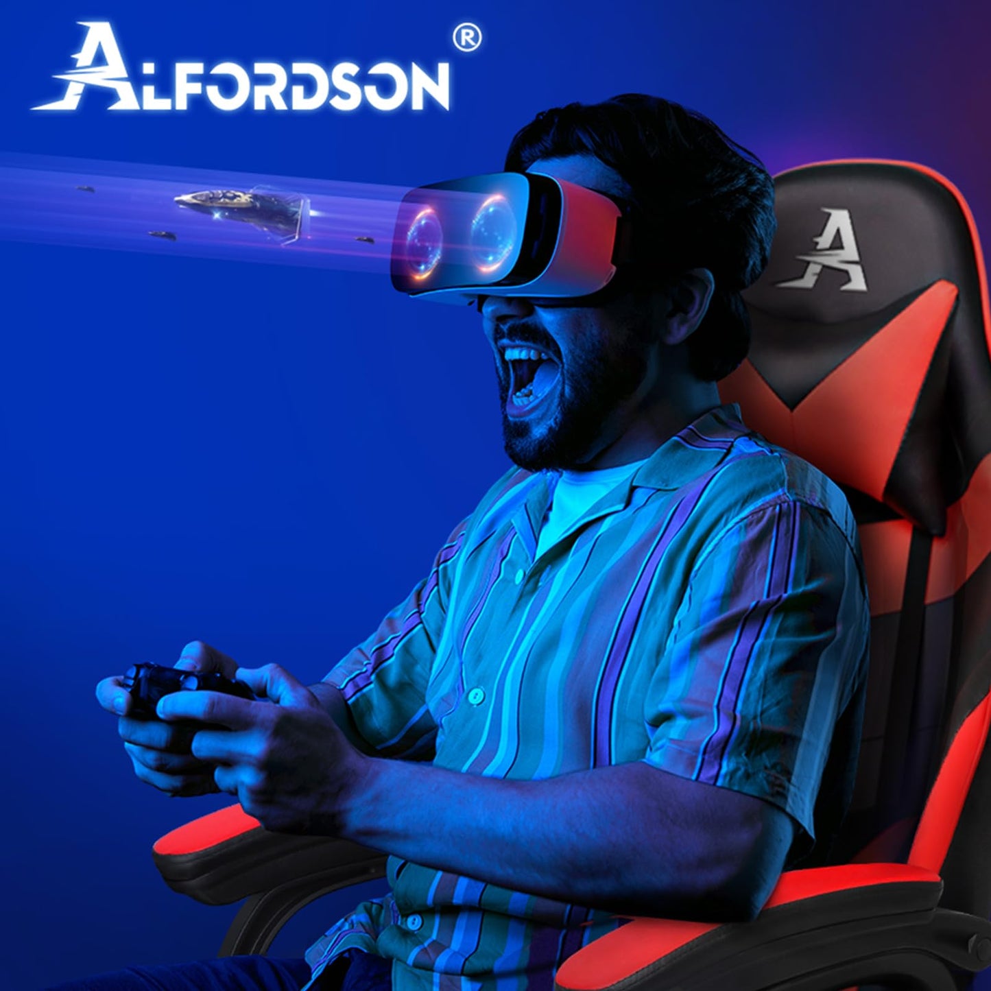 ALFORDSON Videospielstuhl, ergonomischer Bürostuhl, Massage-Rennstuhl, einziehbare Fußstütze, PU-Leder, höhenverstellbar und neigbar, 180 kg Tragkraft, Schwarz