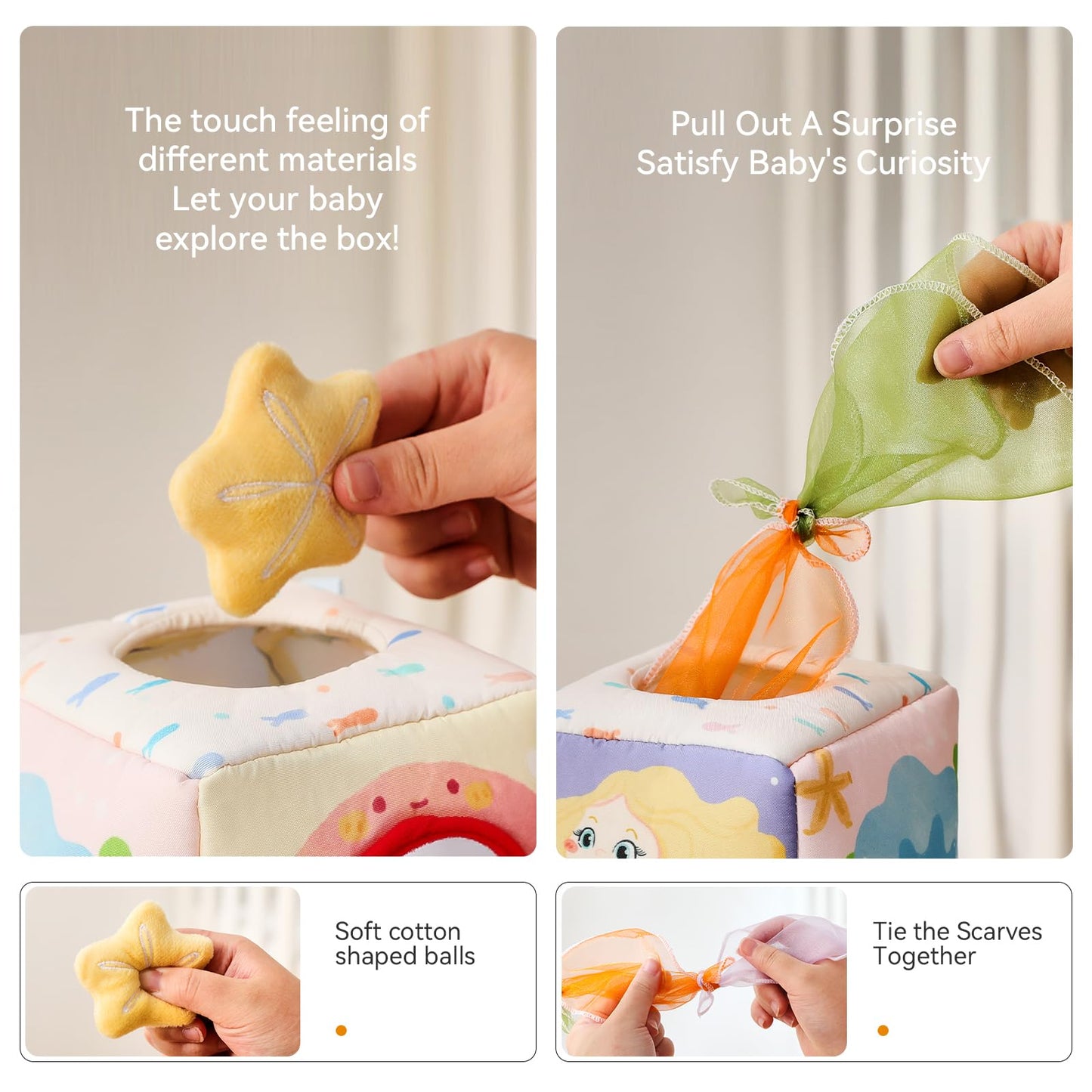WOODEN TEETHER Tissue Box Montessori Motorikspielzeug, 6-12 Monate Sensorik Baby Spielzeug mit Spiegel, Farben, Texturen, Kinder Frühes Lernspielzeug für Jungen Mädchen Geschenke