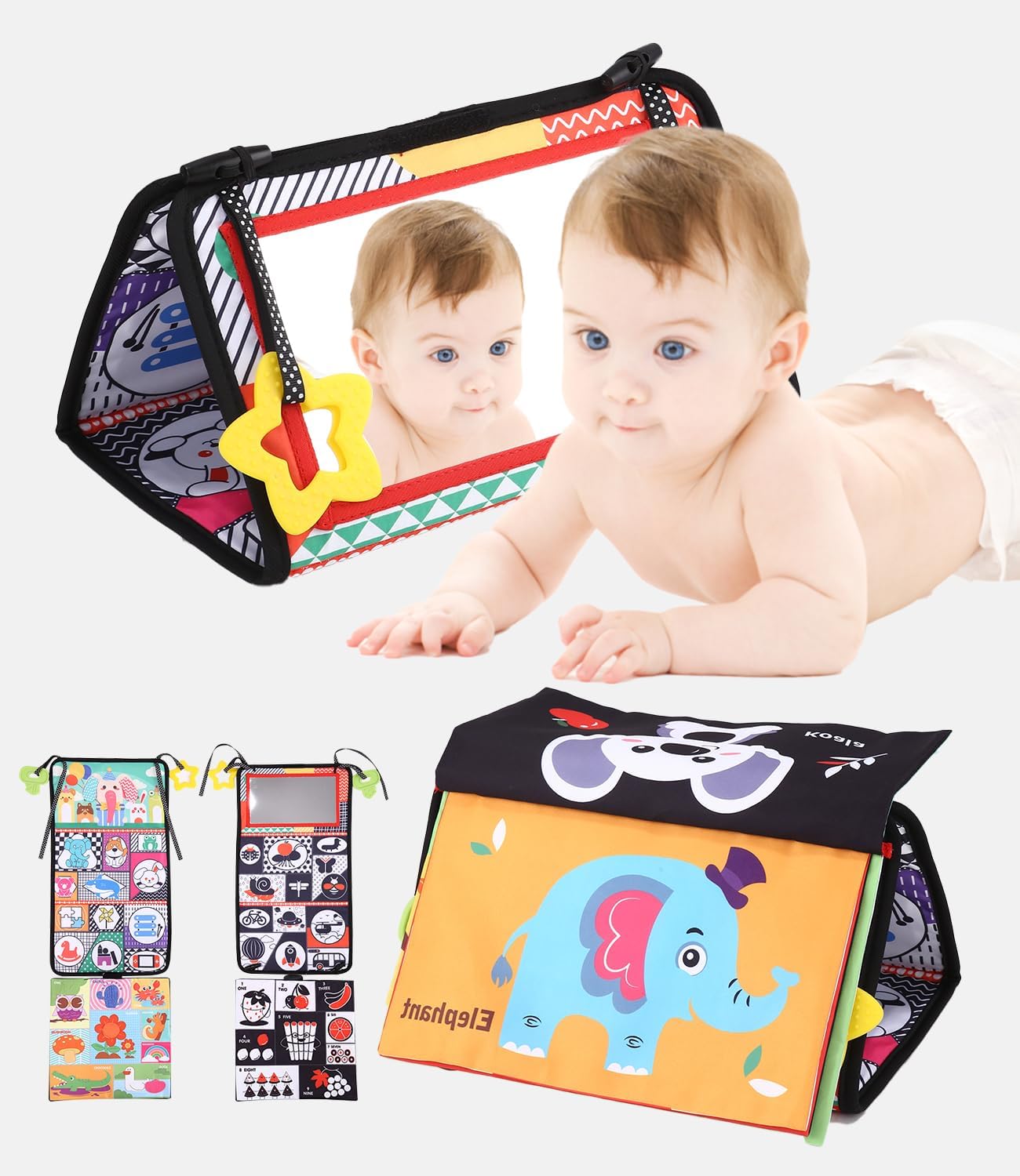 Zawaer Baby Mirror Toy, Foldable Baby Tummy Position, Sensory Fabric Books with Black White Contrast Pattern, Visual Auditory Tactile Stimulation Montessori Toy for Newborns from 3 Months