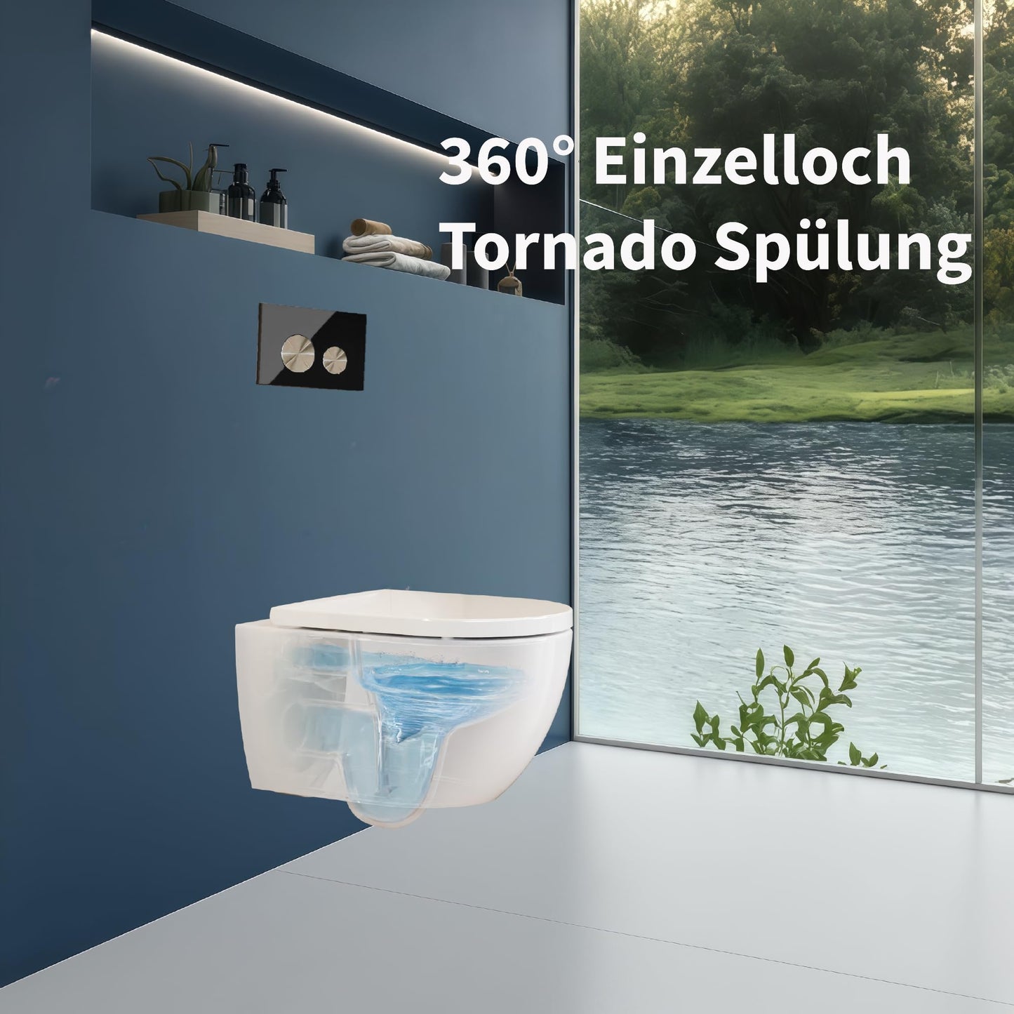 UDiseño Wall Toilet Rimless Toilet, 360° Superspin Flush Hanging Toilet, Raised Complete Set, D Shape, Low Noise Tornado Toilet Flush, UF Lid Seat with Soft-Close Mechanism, 52.5 cm Long, White