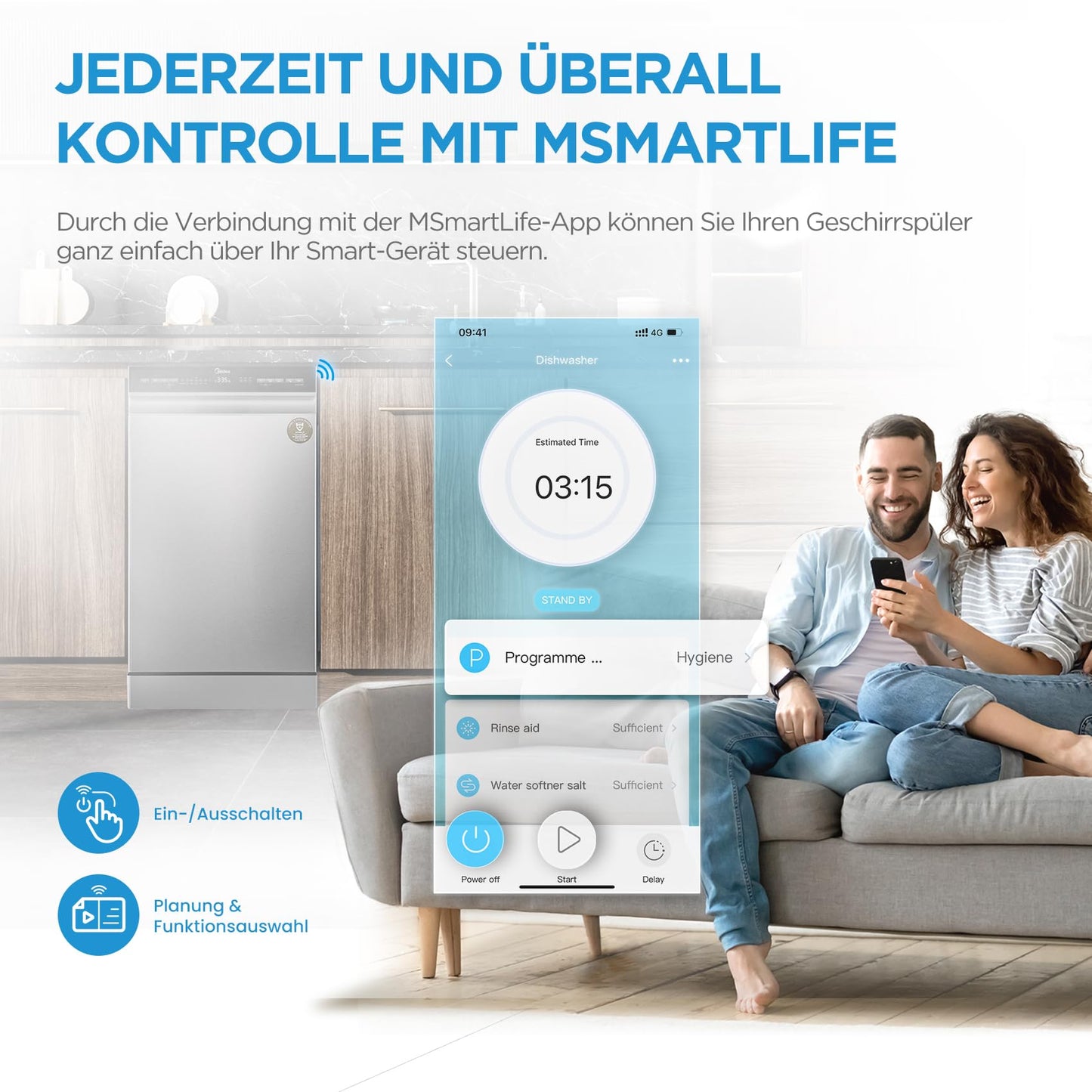 Midea MDWEU1435XSS-W Dishwasher, Integrated, 14 Place Settings, 60 cm, Partially Integrated with WiFi, Extra Drying, 7 Programmes, 47 dB, 0-24 Hours Start Time Delay, Stainless Steel