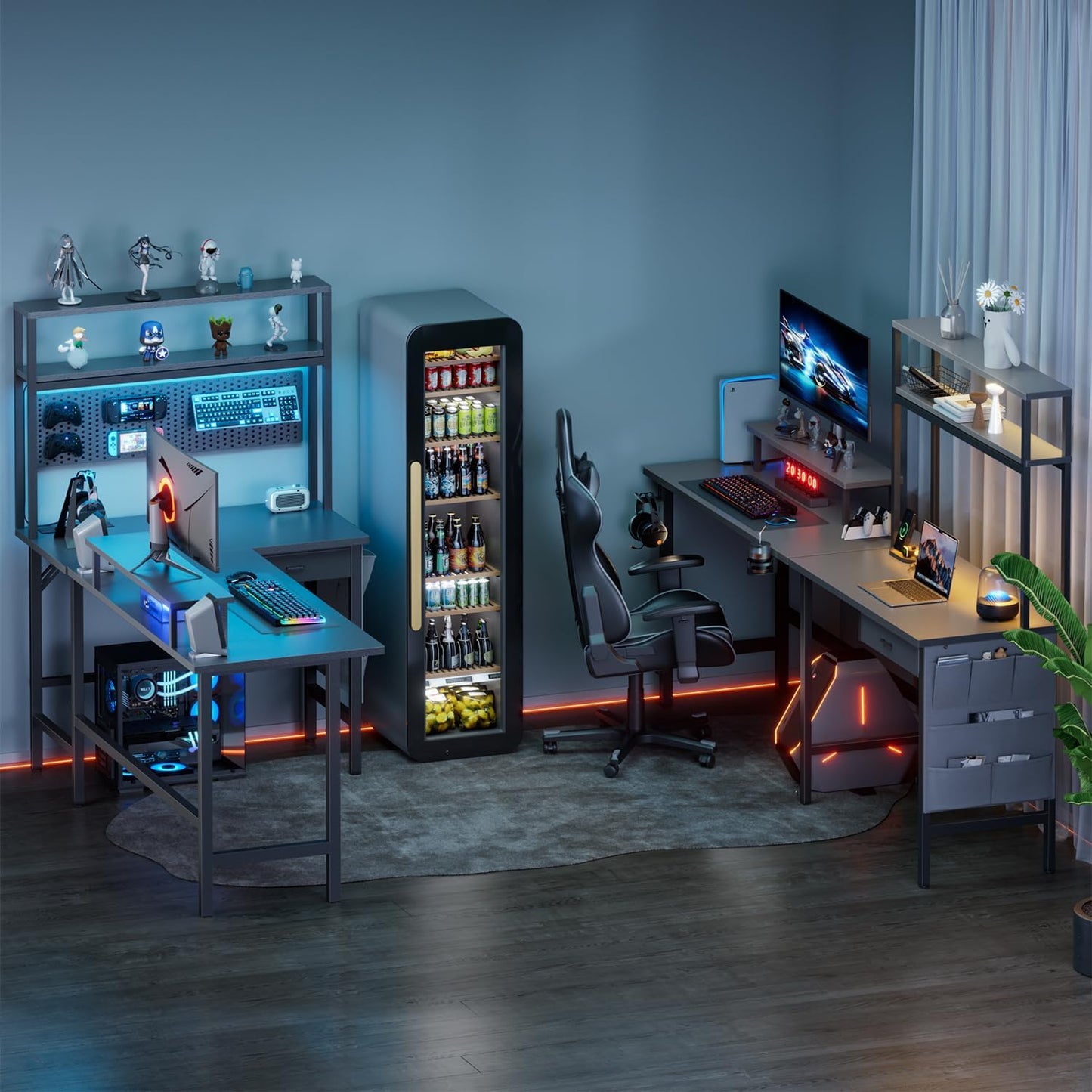 HLONONE Gaming Table with LED, 150 x 100 cm Gaming Desk, L Shape with 3 Sockets and 2 USB, Reversible Corner Desk, PC Corner Table, Computer Desk with Monitor Stand and Countertop Shelf, Black