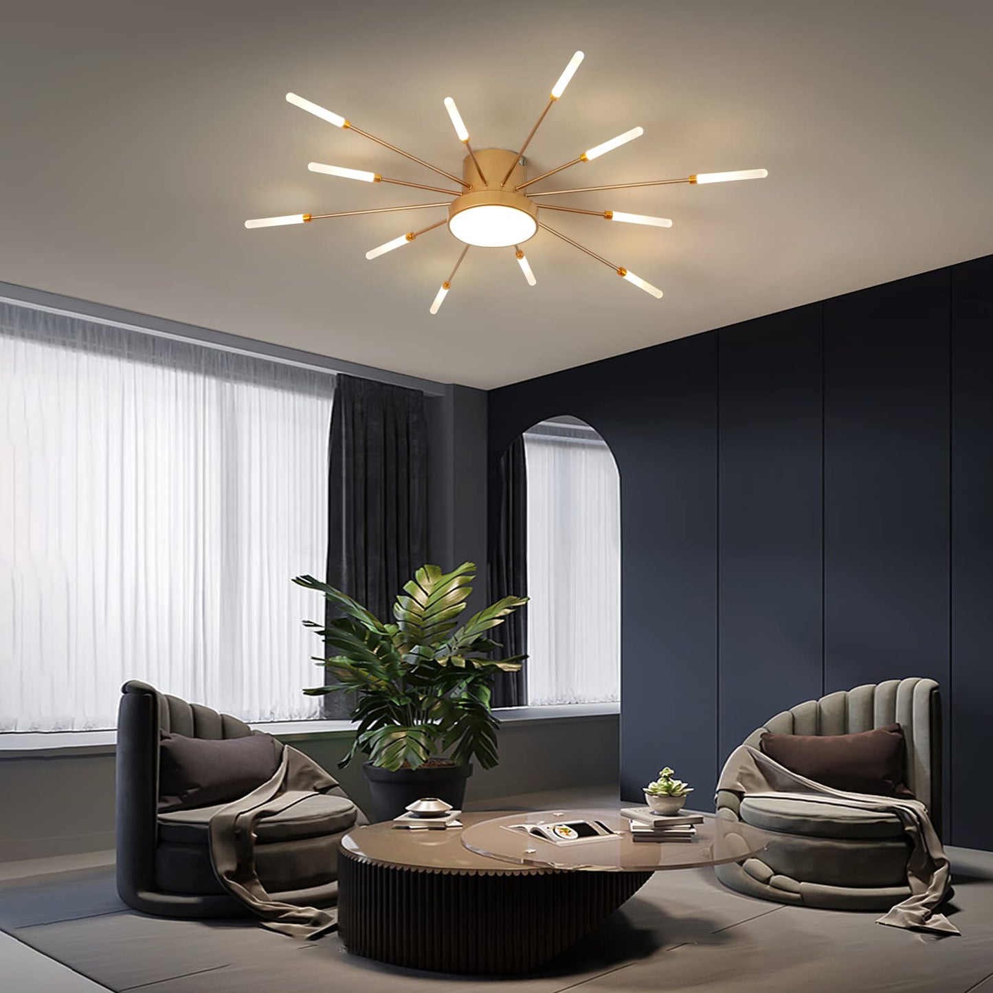 minifair Moderne LED-Deckenleuchte, 12 + 1 Köpfe, halbbündige Deckenleuchte, goldene Kronleuchter, Deckenbeleuchtung für Schlafzimmer, Wohnzimmer, Küche, Esszimmer, Restaurant