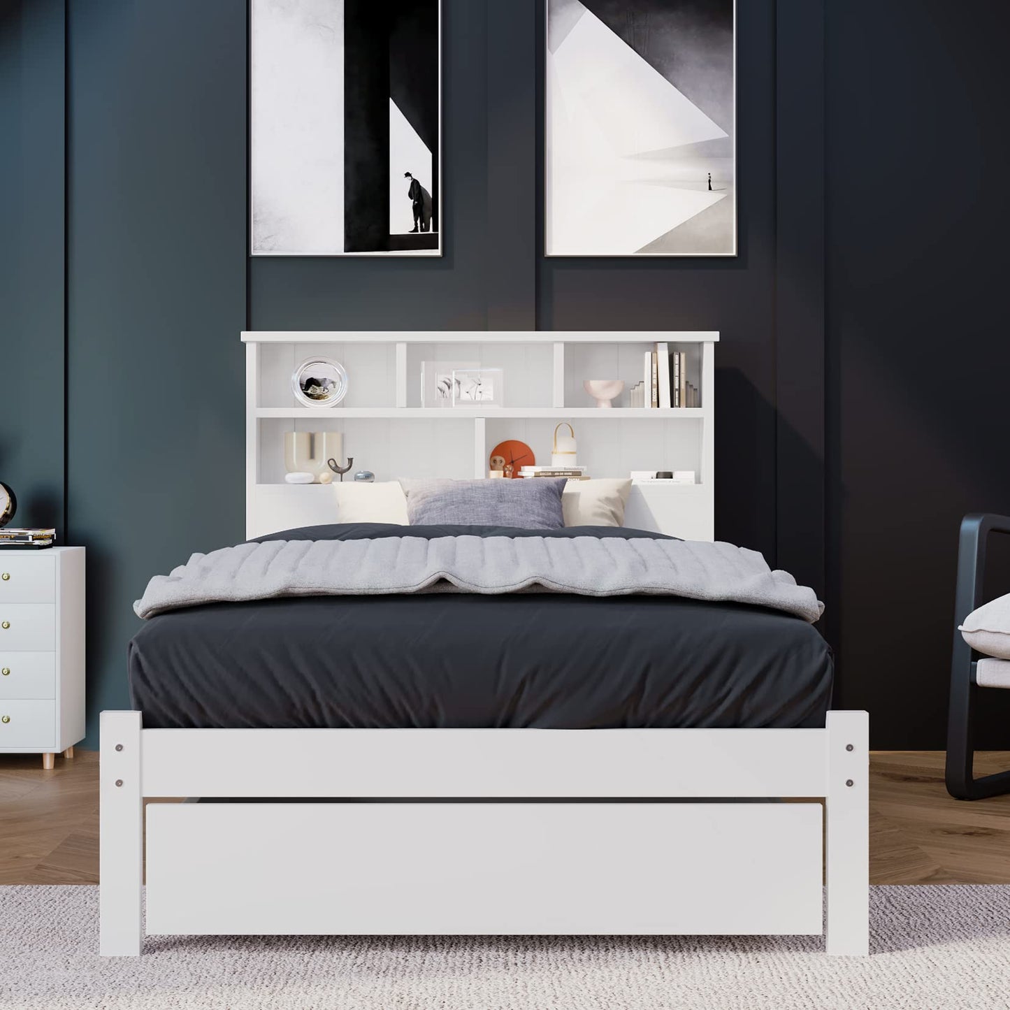 RIAZOS Kinderbett Holzbett 90x200 cm, Massiveholz Einzelbett mit Schreibtisch und Schubladen, Stauraumbett mit Lattenrost, für Jungen & Mädchen, ohne Matratze, Weiß