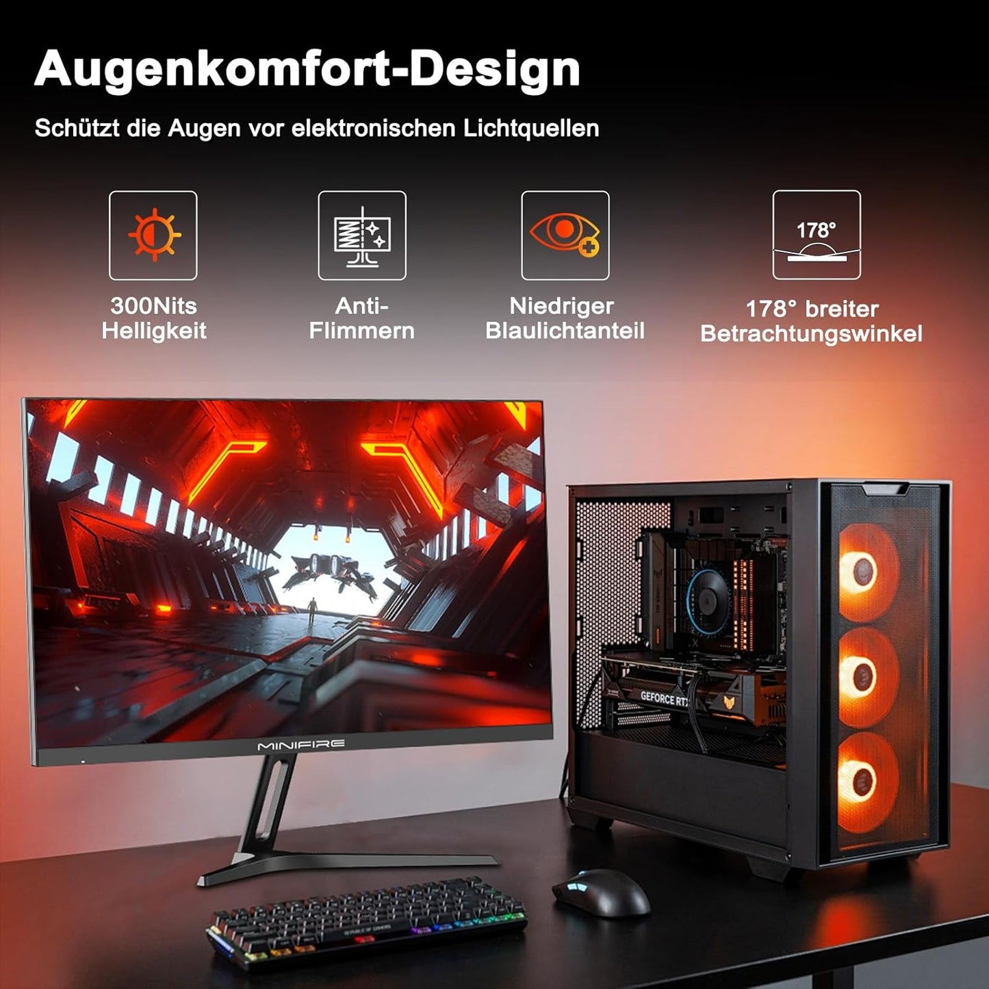 Minifire 24 Zoll Monitor, 100Hz, Full HD(1980x1080p),5ms(OD), Adaptive-Sync, sRGB110%, Eye-Care,VESA, PC Bildschirm mit HDMI USB-C Ports - MF24X3AL