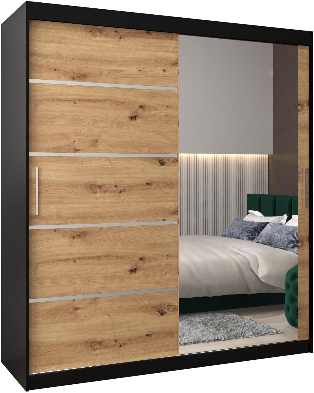 MEBLE KRYSPOL Kleiderschrank mit Spiegel Verona 2 - Garderobenschrank - Schrank Schlafzimmer - Mehrzweckschrank DREI Schiebetüren - Regalen - Flur Möbel - Kleiderstange Schrank - Allzweckschrank