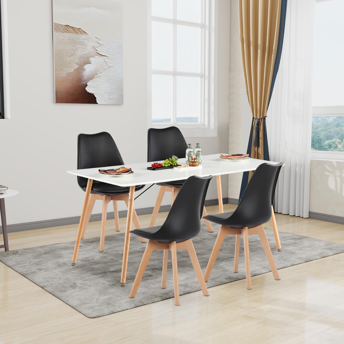 H.J WeDoo Esszimmergruppe mit 4 Essstühlen, Rechteckig Esstisch und Stühle für Esszimmer, Küche, Wohnzimmer, Weißer Esstisch und Graue Stühle