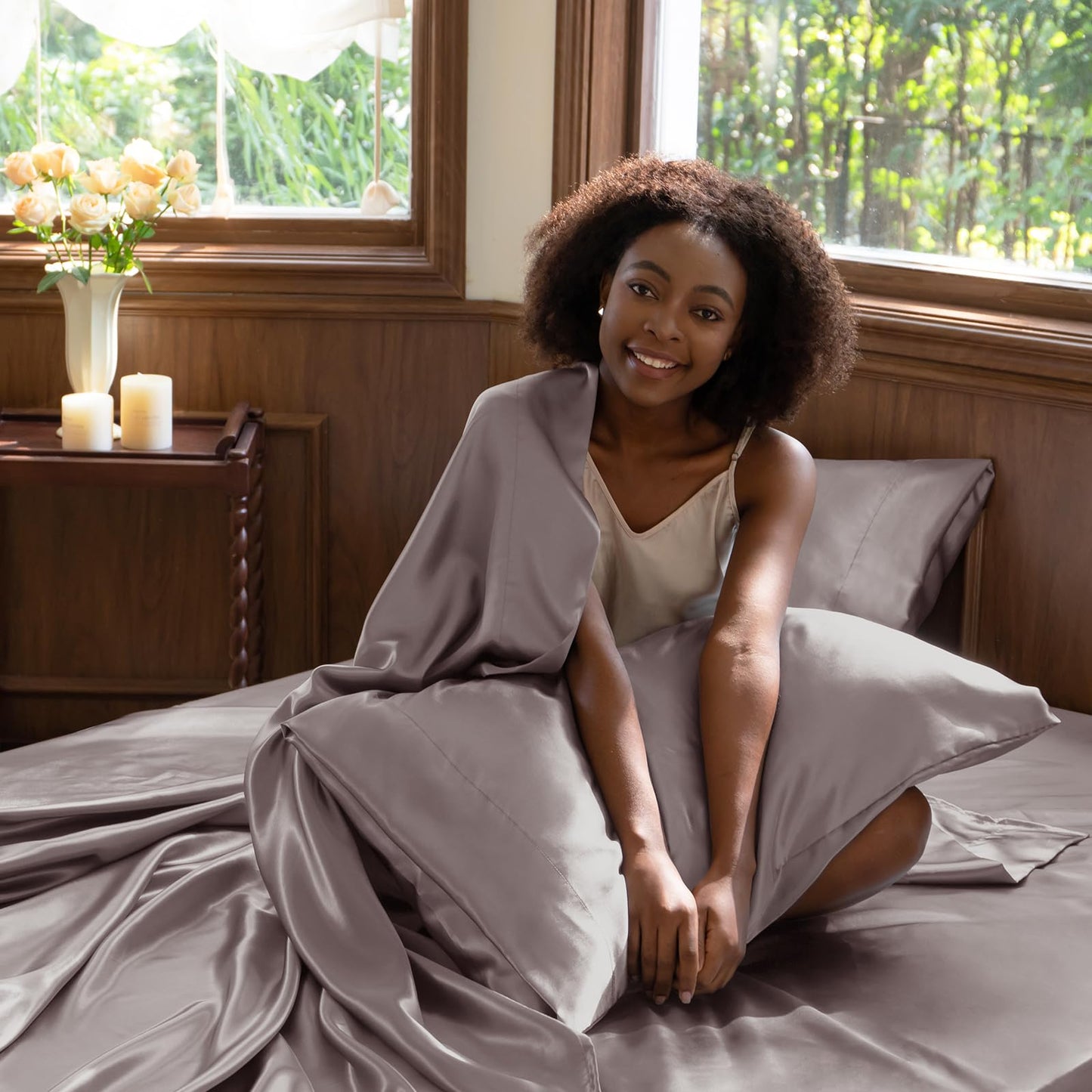 CozyLux Satin Sheets Queen Size - 4 Piece Black Bed Sheet Set with Silky Microfiber, 1 Deep Pocket Fitted Sheet, 1 Flat Sheet, and 2 Pillowcases - Smooth and Soft