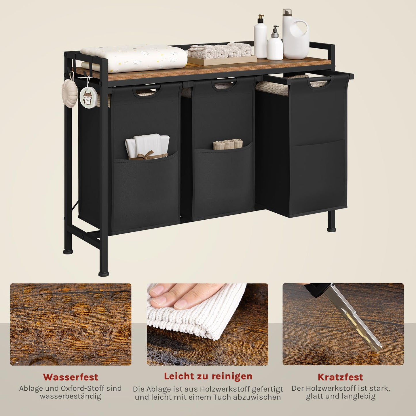 WOLTU Laundry Basket, 3 Compartments, Each 40 L, Laundry Hamper with Shelf Metal Frame, Oxford Fabric Laundry Bag, Extendable, Removable, Laundry Sorter, Laundry Container, White