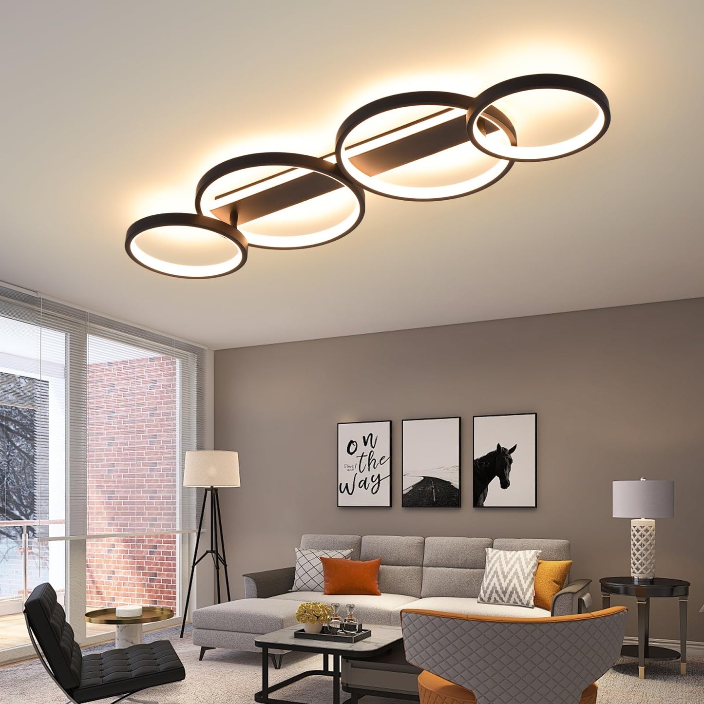 LED Ceiling Lamp, Dimmable Ceiling Light with Remote Control App, Adjustable Ring Shape Living Room Lamp 4 Bulbs Chandelier Lamp, 48 W 3000-6500 K Ceiling Lighting for Bedroom Living Room, Black, 86