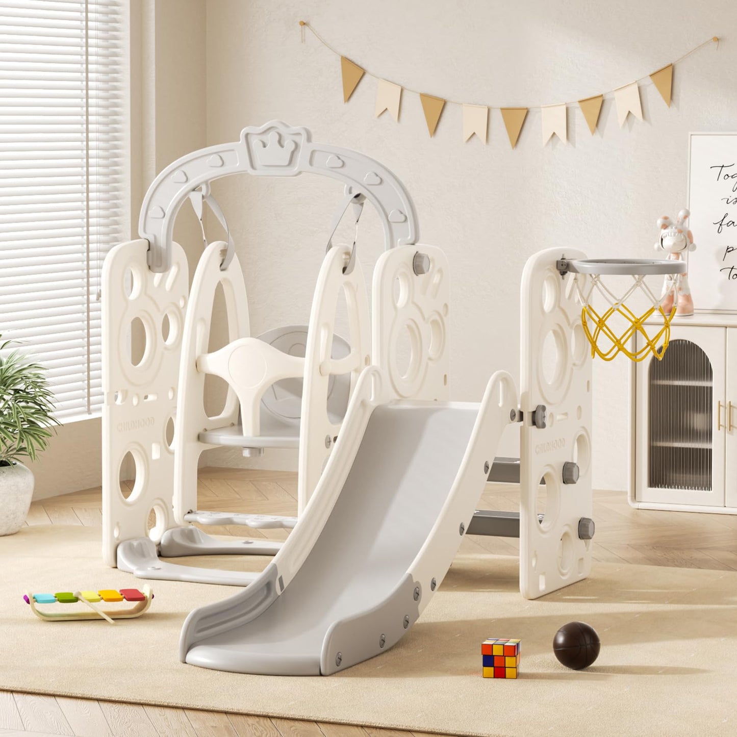 Rutsche mit Klettergerüst für Kinder: Indoor Spielplatz mit - Aufbewahrungsbox Tunnel Treppenleiter Basketballkorb und Durchgangsbereich Gartenrutsche (Star Set-G-Brown)