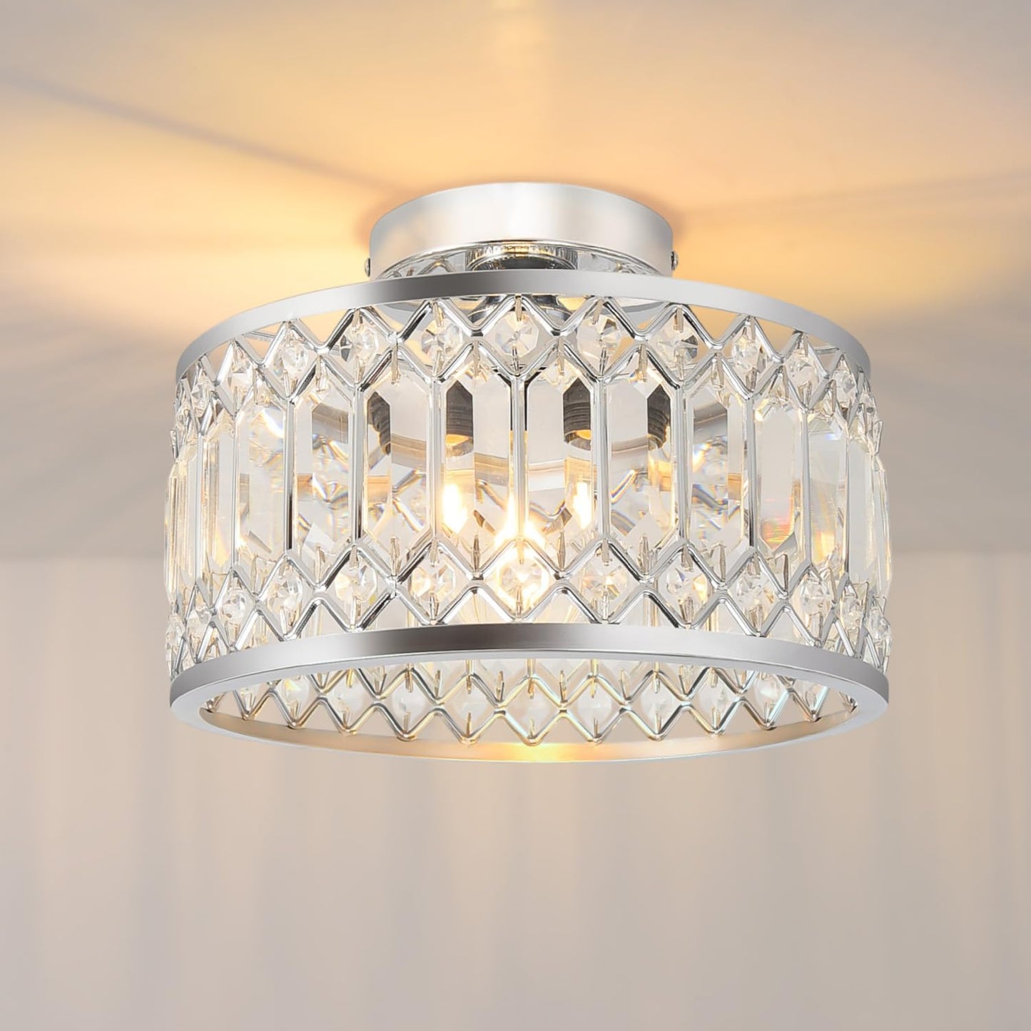 ANWIO Ceiling Light Living Room, Modern Crystal Ceiling Light Black Living Room, E27 Crystal Chandelier Bedroom with Glass Lampshade for Dining Room, Kitchen, Hallway, Office, Diameter 27 cm