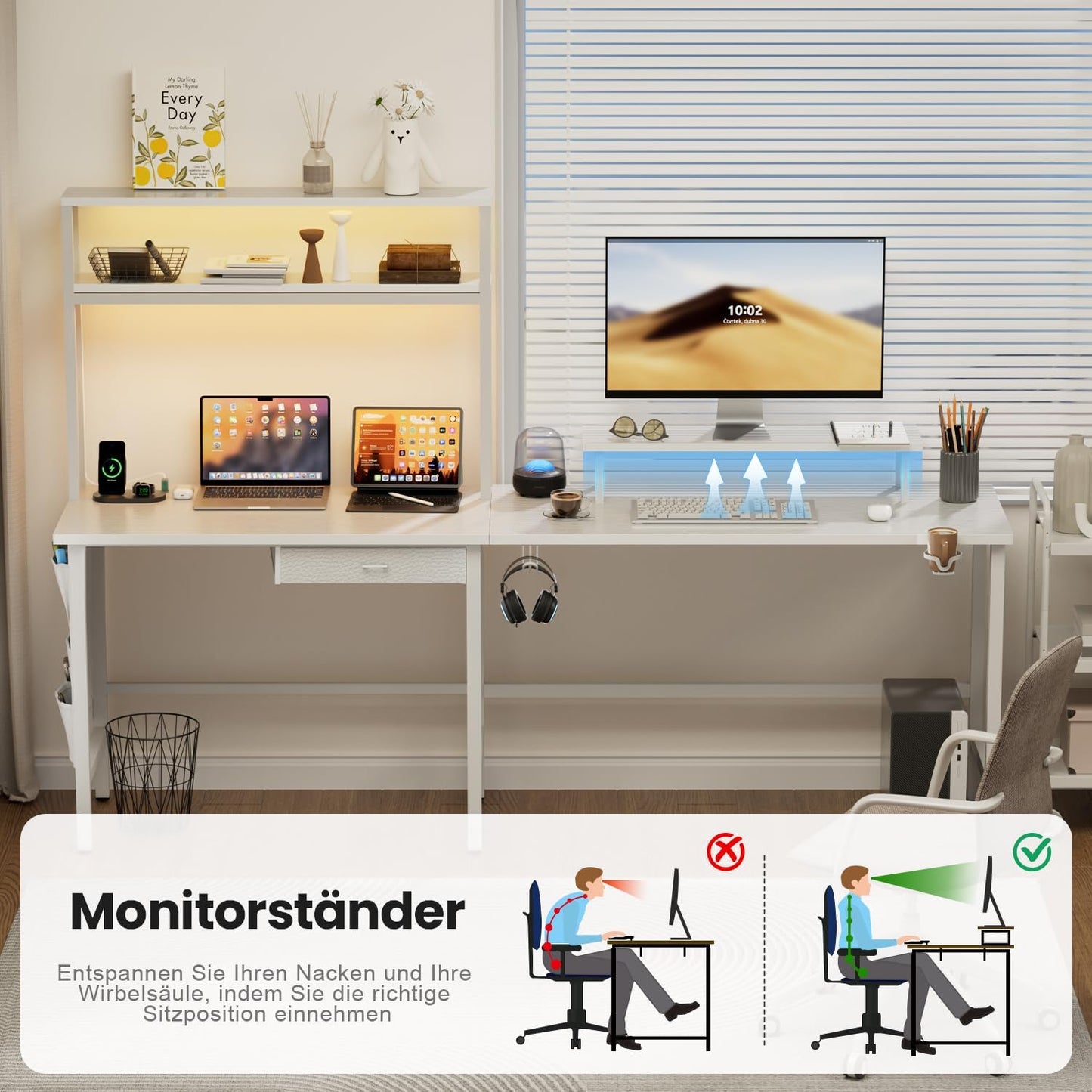 HLONONE Gaming Table with LED, 150 x 100 cm Gaming Desk, L Shape with 3 Sockets and 2 USB, Reversible Corner Desk, PC Corner Table, Computer Desk with Monitor Stand and Countertop Shelf, Black
