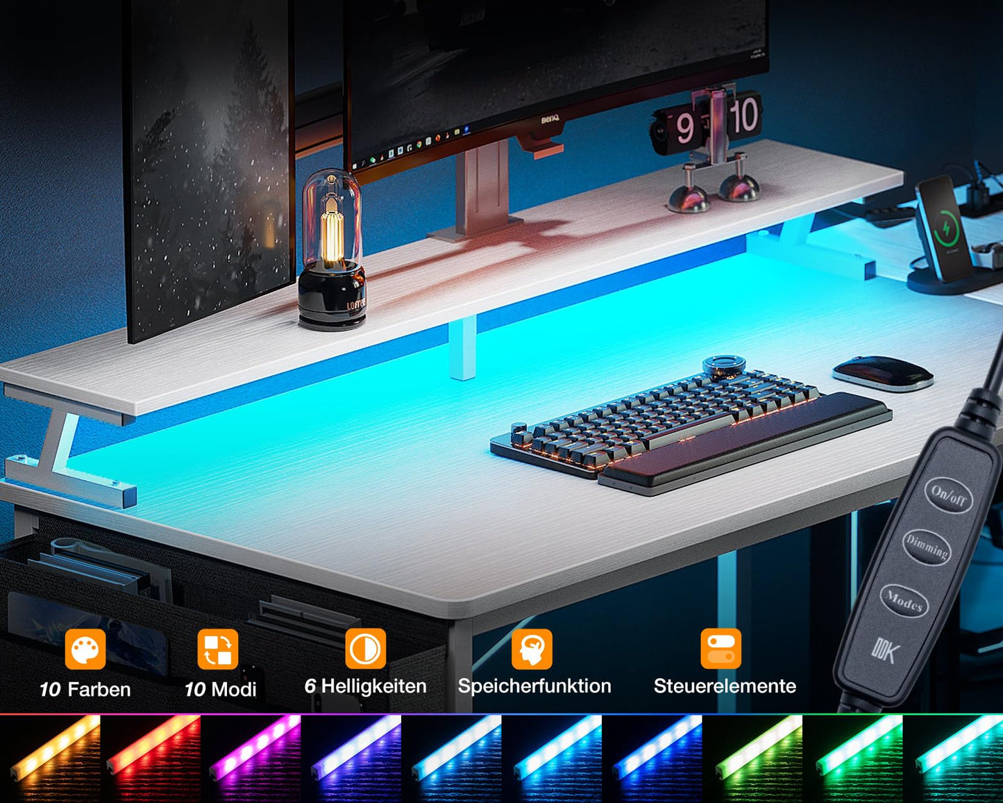 ODK Eckschreibtisch mit 4 Stoff Schubladen, 160x80cm Reversible Schreibtisch L Form mit 2 Steckdosen und 2 USB Ladeanschluss, Gaming Tisch L Form mit LED&Monitorständer für Home Office, Schwarz
