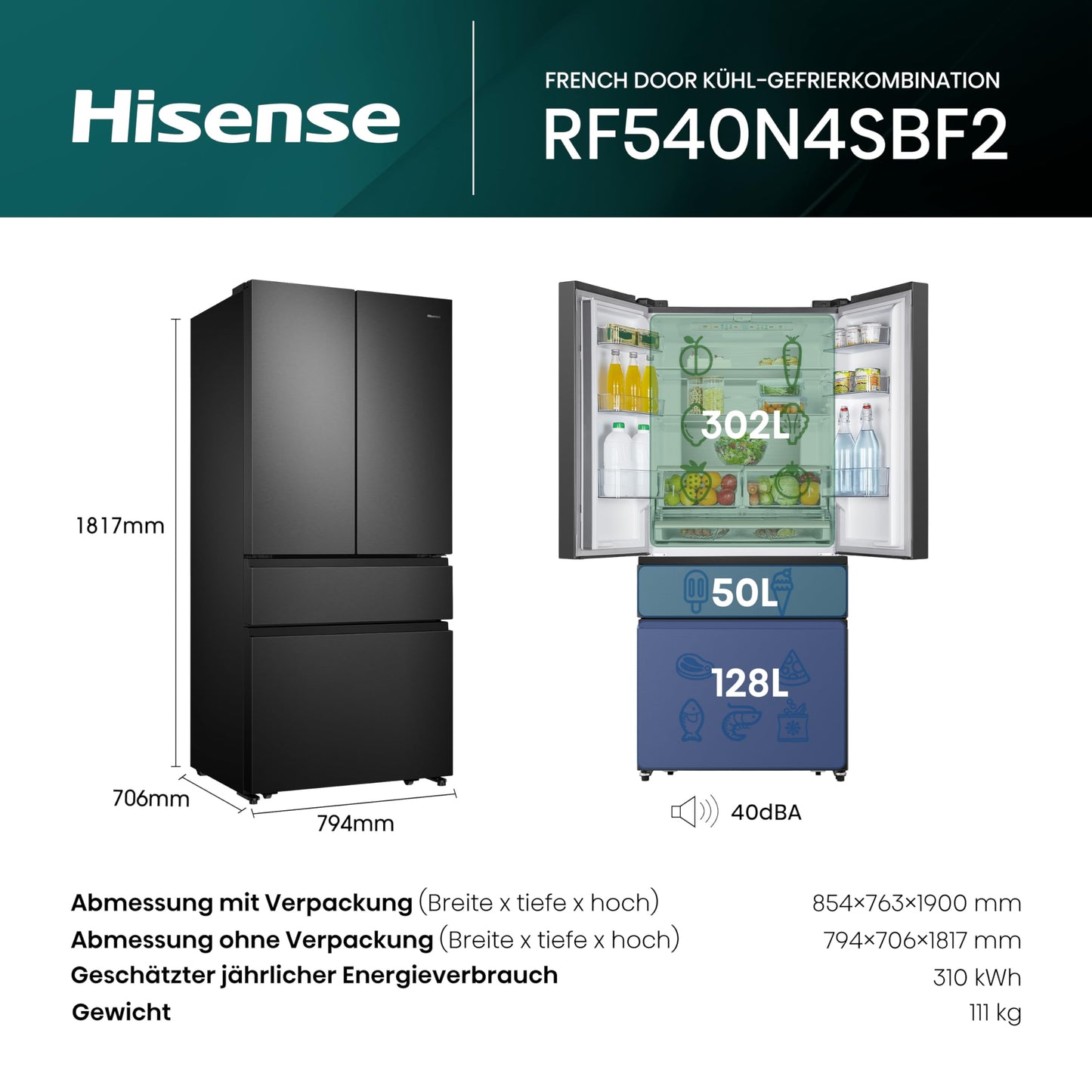 Hisense RF632N4WIE French Door Kühl-Gefrierkombination/ NoFrostPlus/ Inverter-Kompressor/ Wasserspender/ CrispZone/ 200 cm/ Kühlteil 336 l/ Gefrierteil 149 l/ 38 dB/ 295 kWh/ Jahr/ Inox-Look