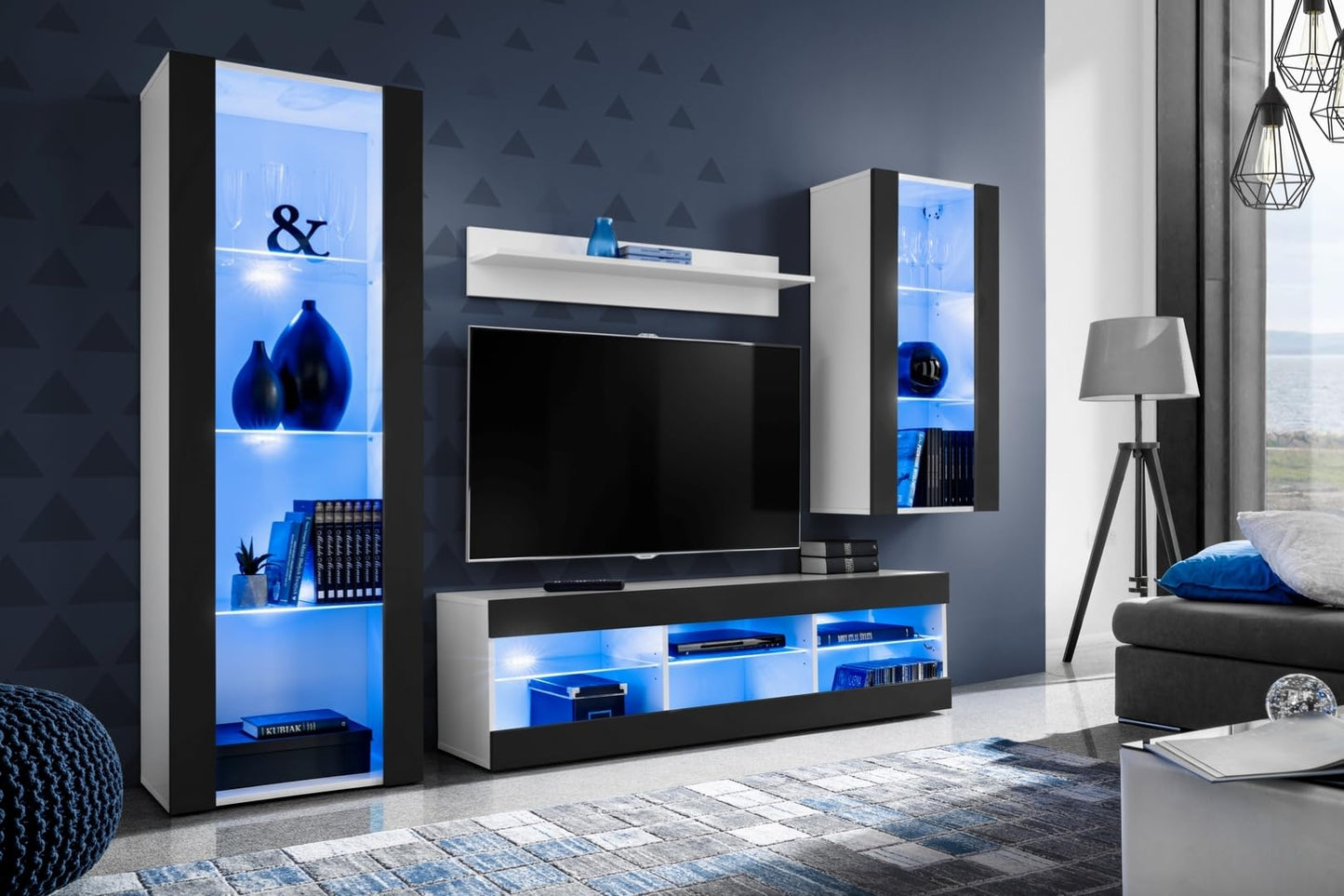 Komodee Tivoli Medio Wall Unit Living Room Set, Black/Black, Width 245 cm x Height 159 cm x Depth 35 cm, LED Blue, for Living Room, Bedroom