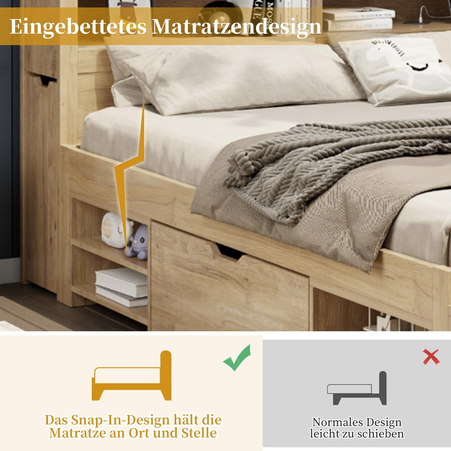 Children's Bed 90 x 200 cm, Wooden Bed with Drawers and Board, Headboard with Bookshelf and Fall Protection, Bed with Slatted Frame and Storage Space, Teenager's Bed, Functional Bed, Wooden Bed Frame,