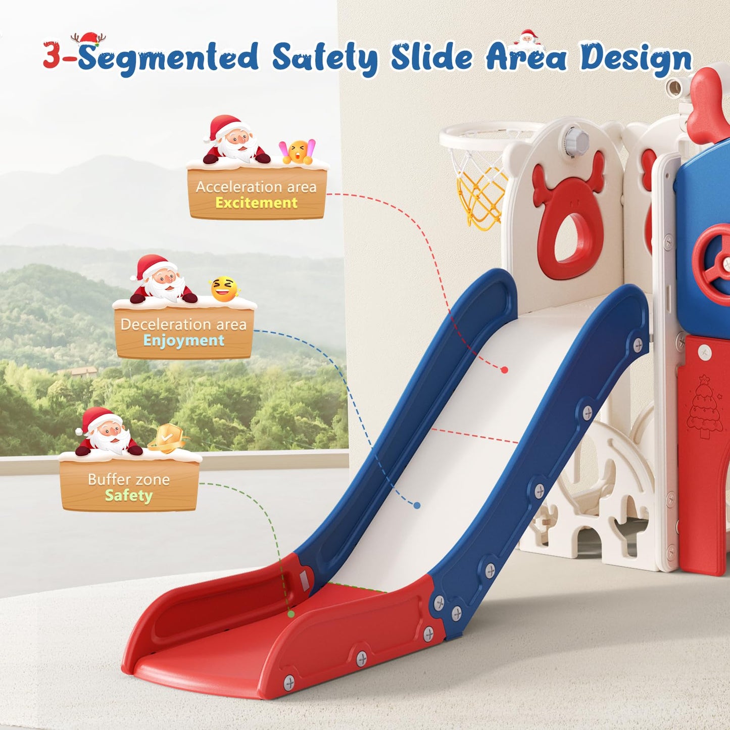 Krovtoy Kleinkindrutsche mit Weihnachtselch-Motiv, freistehende Kleinkindrutsche mit Golf-Set, Babyrutsche, Spielplatzgerät, für den Innen- und Außenbereich (Grau Beige - 6 in 1)