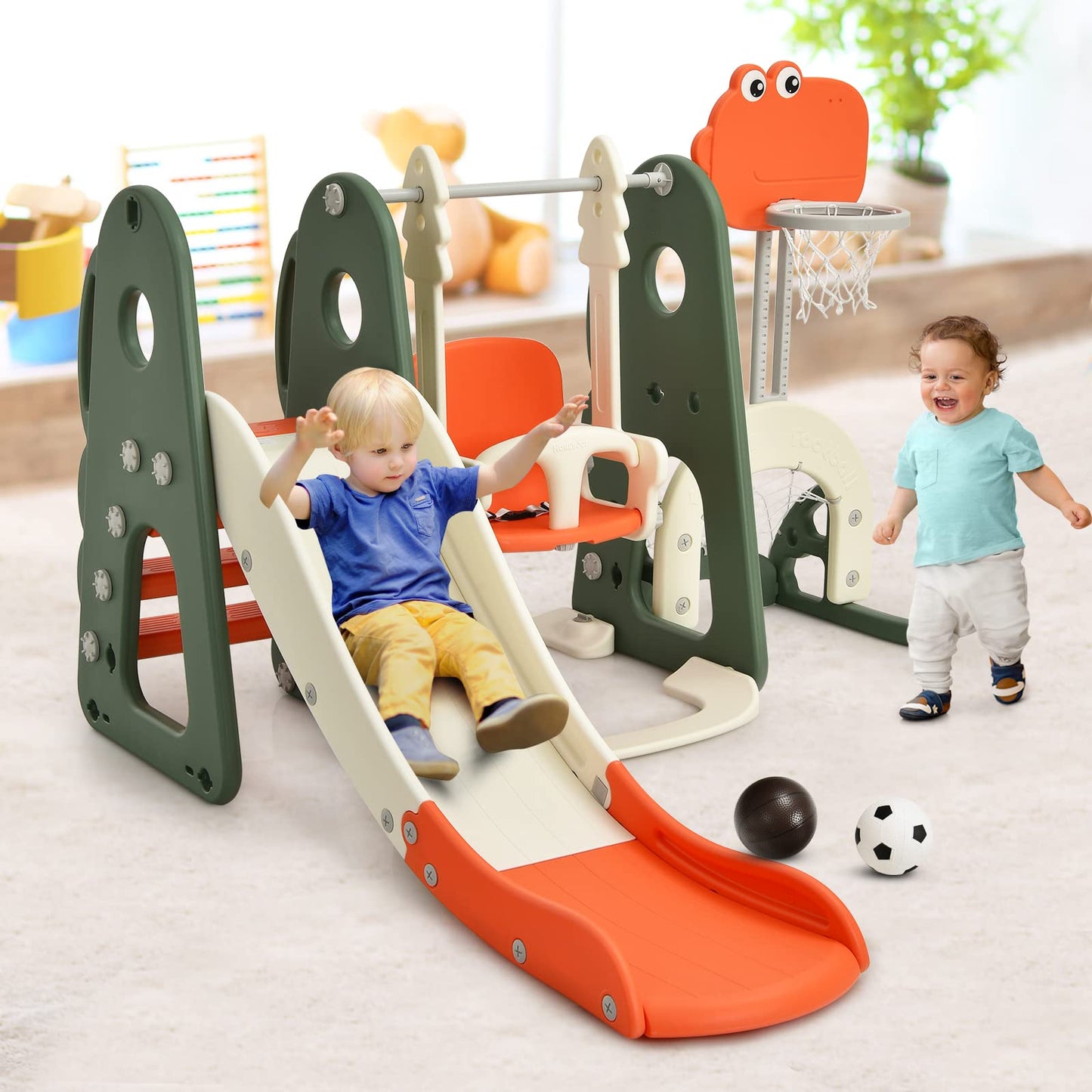 COSTWAY 6-in-1 Children's Playground, Children's Slide & Swing & Basketball Hoop & Ladder & Football Goal & Golf Hole, Swing Frame Garden Swing Children's Swing, Children's Slide Indoor Outdoor