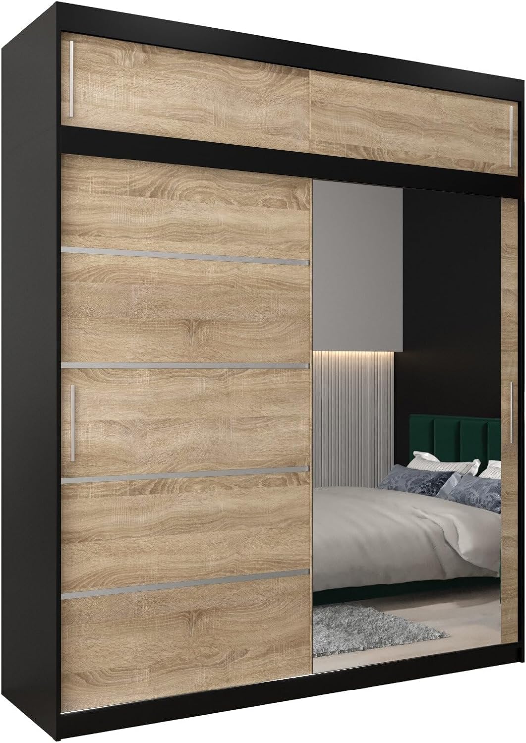 MEBLE KRYSPOL Kleiderschrank mit Spiegel Verona 2 - Garderobenschrank - Schrank Schlafzimmer - Mehrzweckschrank DREI Schiebetüren - Regalen - Flur Möbel - Kleiderstange Schrank - Allzweckschrank
