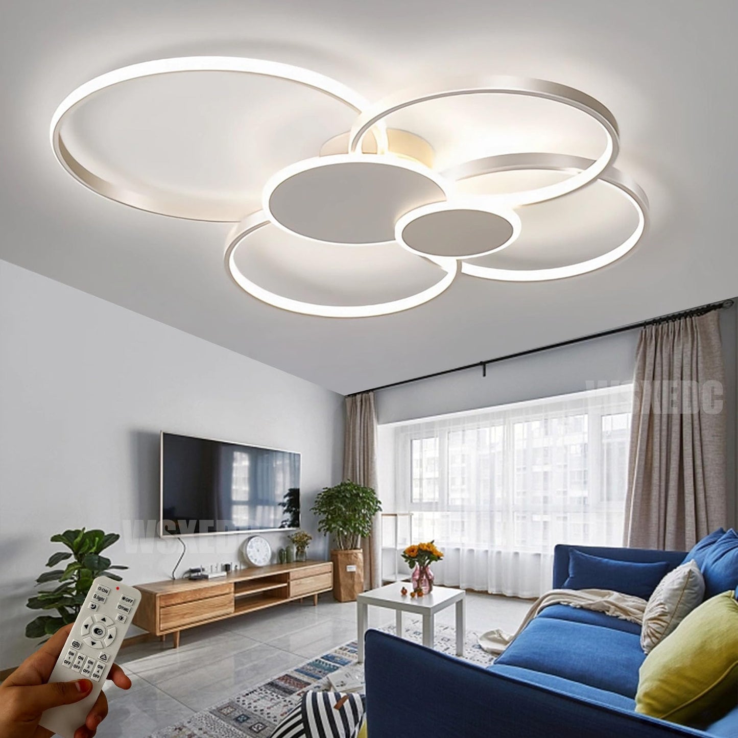 Dimmbare LED 6 Ring Wohnzimmerleuchte LED-Deckenleuchte moderne kreative Deckenbeleuchtung Innenbeleuchtung für die Augenpflege Für Schlafzimmer Büro Esszimmer Jugendzimmer (Weiß, L80cm 71W)