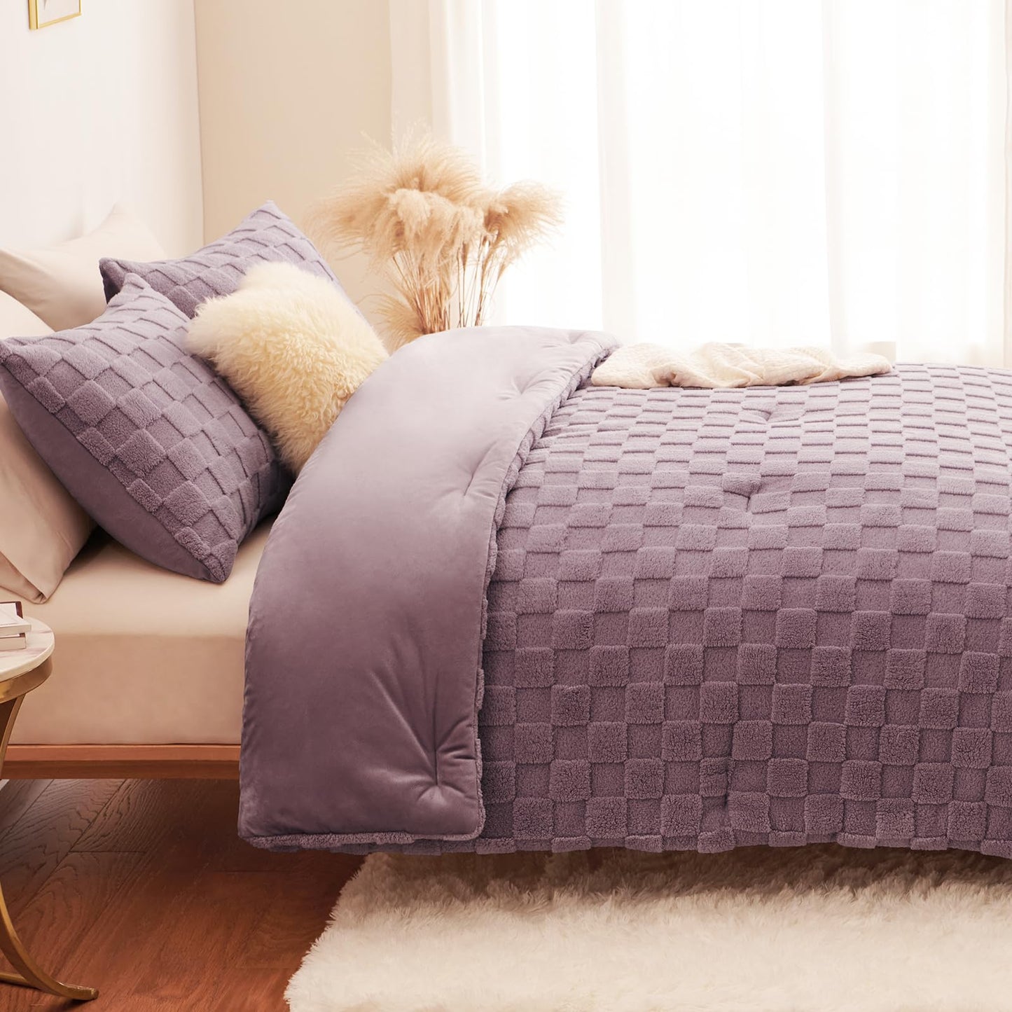 CozyLux Queen Size Comforter Set Blush Pink, Fluffy Plush Fleece Comforter with Checkered Pattern, Farmhouse Boho Soft Warm Bed Set, 3 Pieces, 1 Comforter and 2 Pillowcases