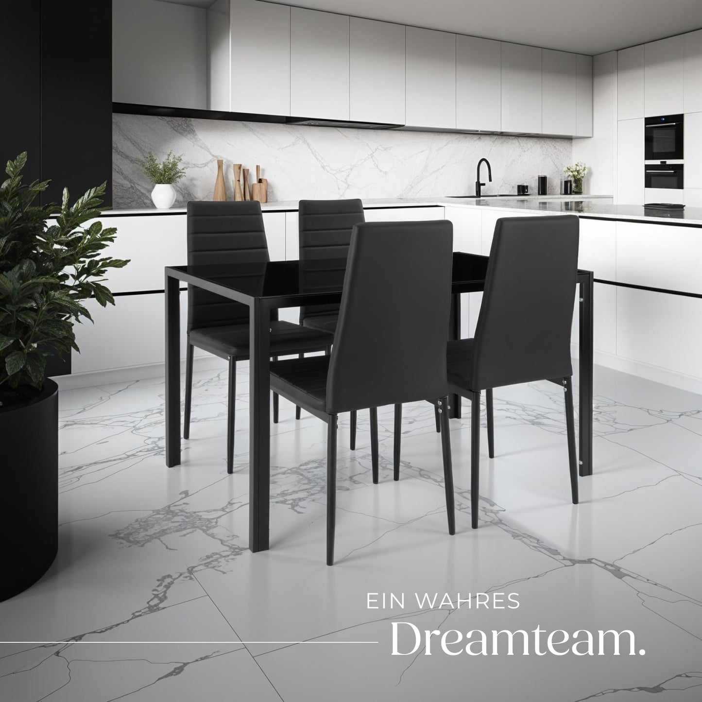 tectake Dining Set Table and Chairs, Dining Table and 4 x Chairs, Durable Faux Leather, Safety Glass Table Top, Modern Kitchen Chairs - Black