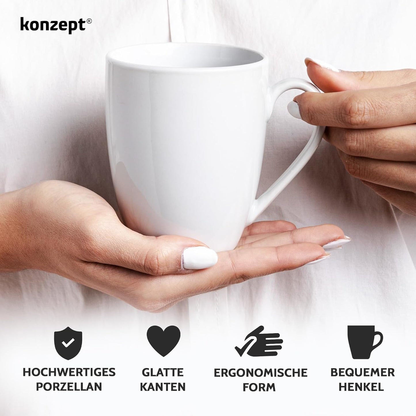 KONZEPT Kaffeebecher aus Porzellan 300 ml, Kaffeetassen Set 6er, Tassen zum Bemalen mit Henkel, Teetassen in Weiß