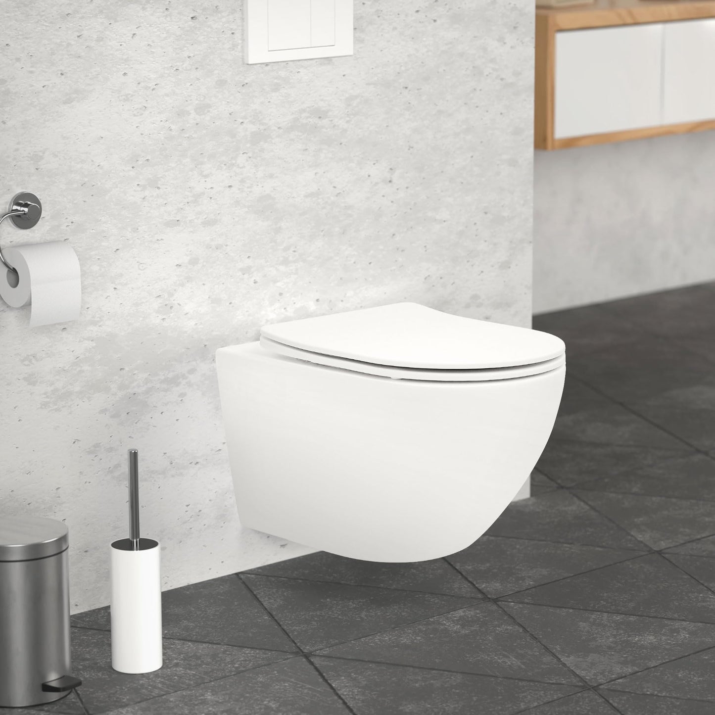 ECD Germany Rimless Wall-Mounted Toilet Ceramic White Matt with Nano Coating, Wall Toilet Long 52 cm, Removable Toilet Seat Made of Duroplast Soft Close Mechanism, Deep Washdown with Lotus Effect