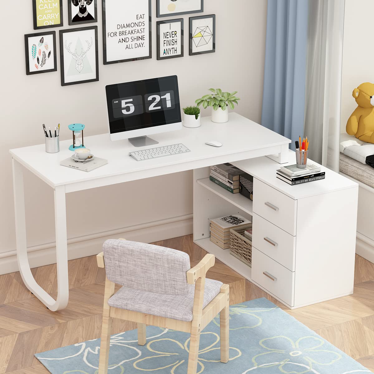 DEZAGCE L Förmiger Schreibtisch, Eckschreibtisch, Computertisch, Schbreibtisch mit 3 Schubladen und 105 cm Länge Aktenschrank,Arbeitstisch, Schreibtische, Weiß, 140 x 105 x 75 cm