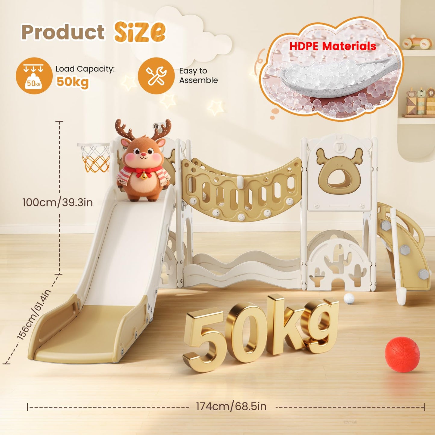 Kinderrutsche, Kleinkindrutsche mit Weihnachtselchmotiv Kleinkinderrutsche mit Golfset, Babyrutsche, Spielplatzgerät, für den Innen- und Außenbereich freistehend Babyrutsche (Khaki-6-in-1- Active)