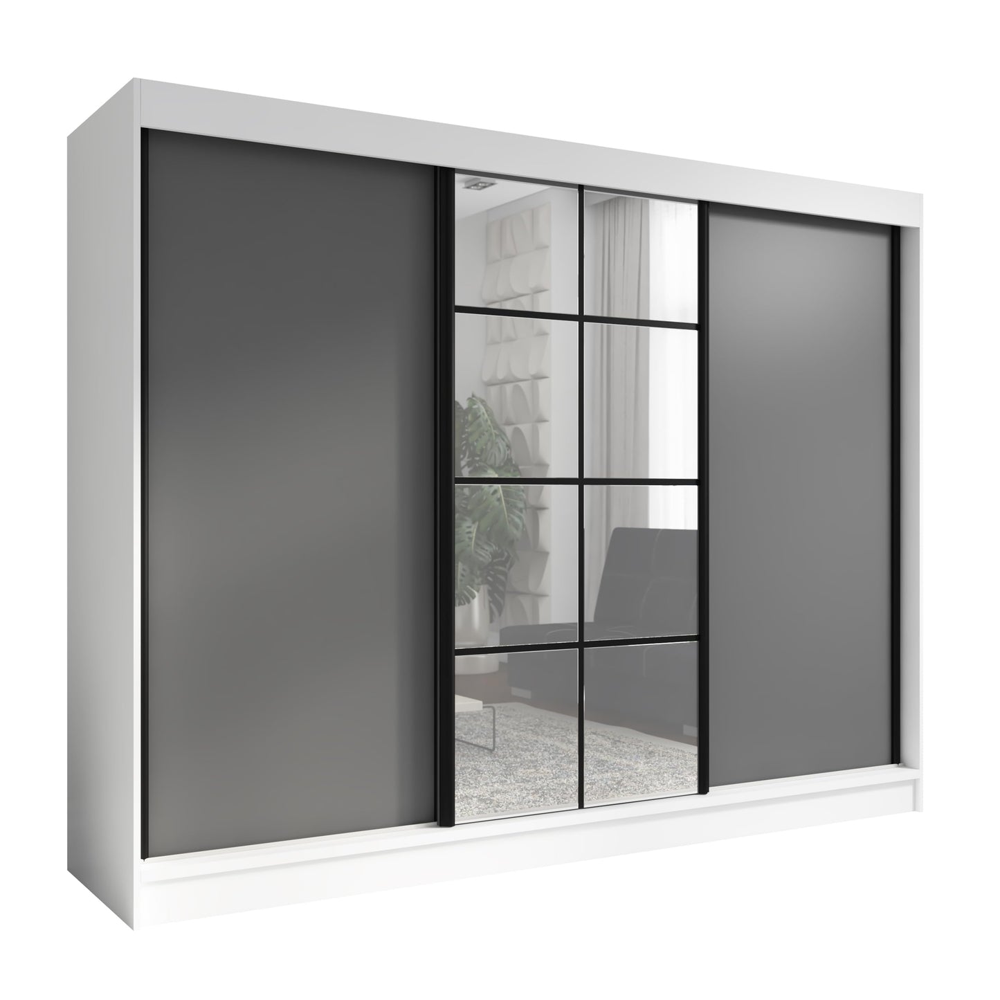A&J MöbelLand Oravelle Sliding Door Wardrobe 3 Doors with Drawers and Mirror 200 cm (Black)