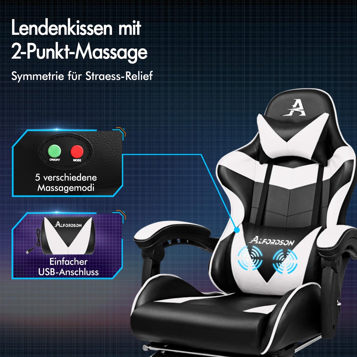 ALFORDSON Videospielstuhl, ergonomischer Bürostuhl, Massage-Rennstuhl, einziehbare Fußstütze, PU-Leder, höhenverstellbar und neigbar, 180 kg Tragkraft, Schwarz