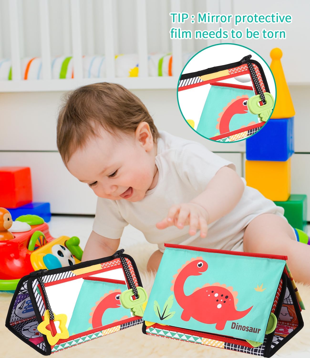 Zawaer Baby Mirror Toy, Foldable Baby Tummy Position, Sensory Fabric Books with Black White Contrast Pattern, Visual Auditory Tactile Stimulation Montessori Toy for Newborns from 3 Months