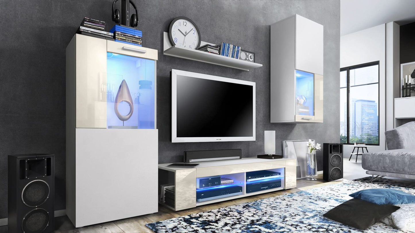 Vladon Wohnwand Movie, Anbauwand bestehend aus 1 TV-Board, 2 Vitrinen und 1 Regal, Weiß matt/Weiß matt/Weiß Hochglanz (Gesamt: 300 x 190 x 39 cm)