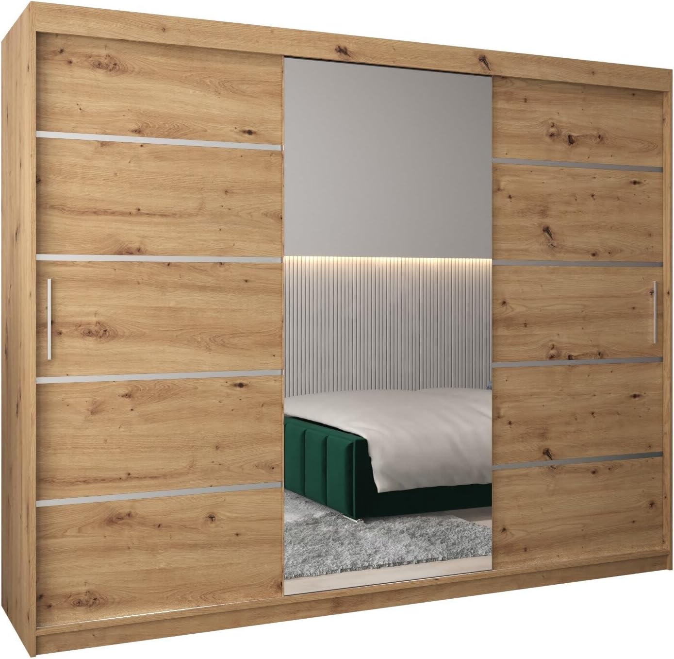MEBLE KRYSPOL Kleiderschrank mit Spiegel Verona 2 - Garderobenschrank - Schrank Schlafzimmer - Mehrzweckschrank DREI Schiebetüren - Regalen - Flur Möbel - Kleiderstange Schrank - Allzweckschrank