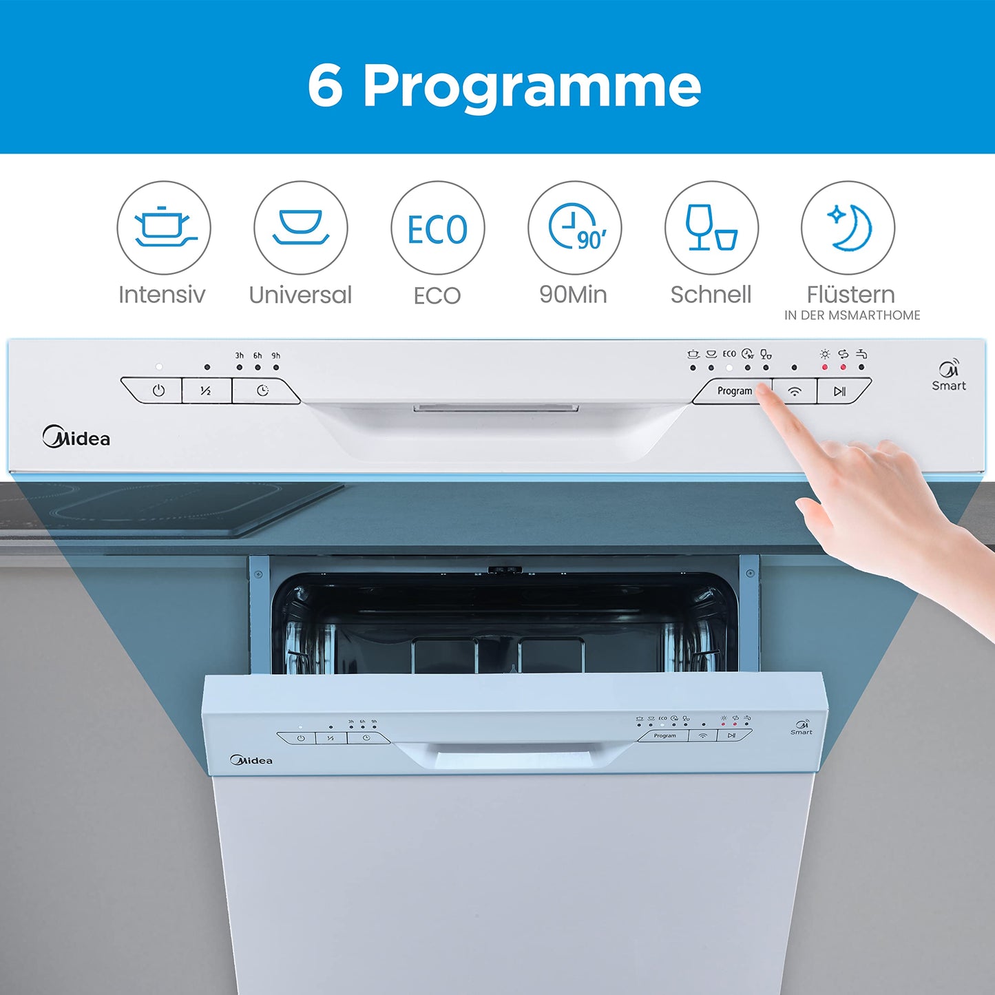 Midea MDWEU1435XSS-W Dishwasher, Integrated, 14 Place Settings, 60 cm, Partially Integrated with WiFi, Extra Drying, 7 Programmes, 47 dB, 0-24 Hours Start Time Delay, Stainless Steel