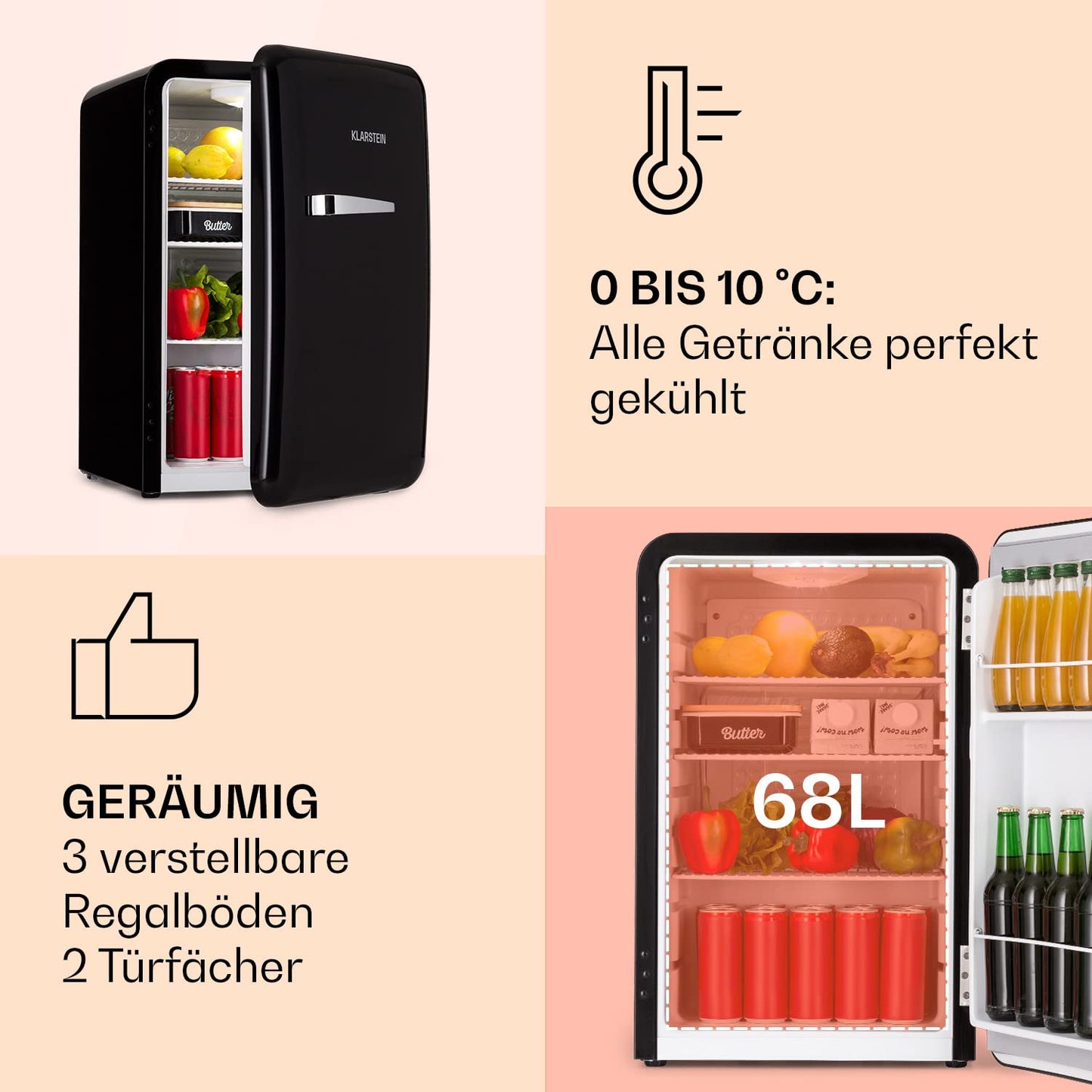 Klarstein Kühlschrank, Mini-Kühlschrank für Getränke, Kühlschrank Klein, Kleiner Kühlschrank Lautlos, Skincare Fridge, Vintage Design, Camping Kühlschrank, Minikühlschrank für Zimmer, 0-10°C, 70 L