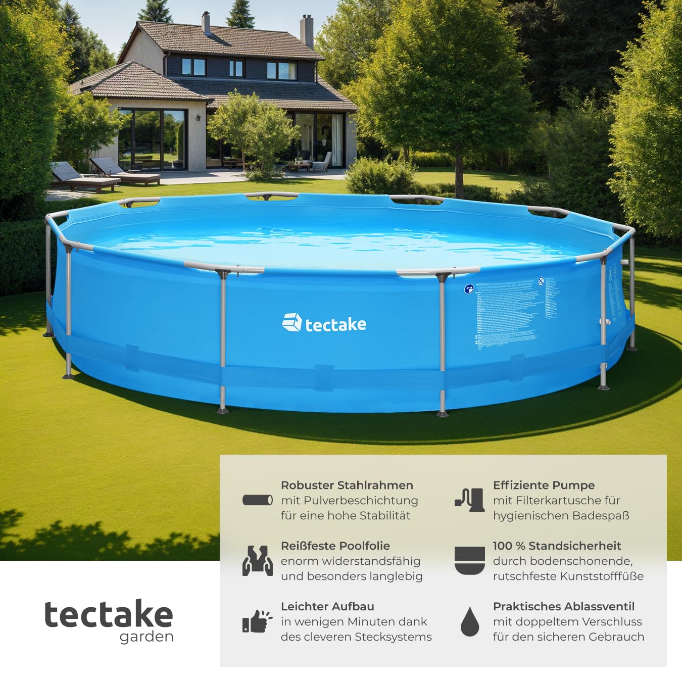 tectake® Swimming Pool, Large Swimming Pool, Rectangular, Frame Pool, Pool for Garden, Steel Frame Pool, Complete Set, Outdoor Garden Pool, Above Ground Pool, 300 x 207 x 70 cm, Grey