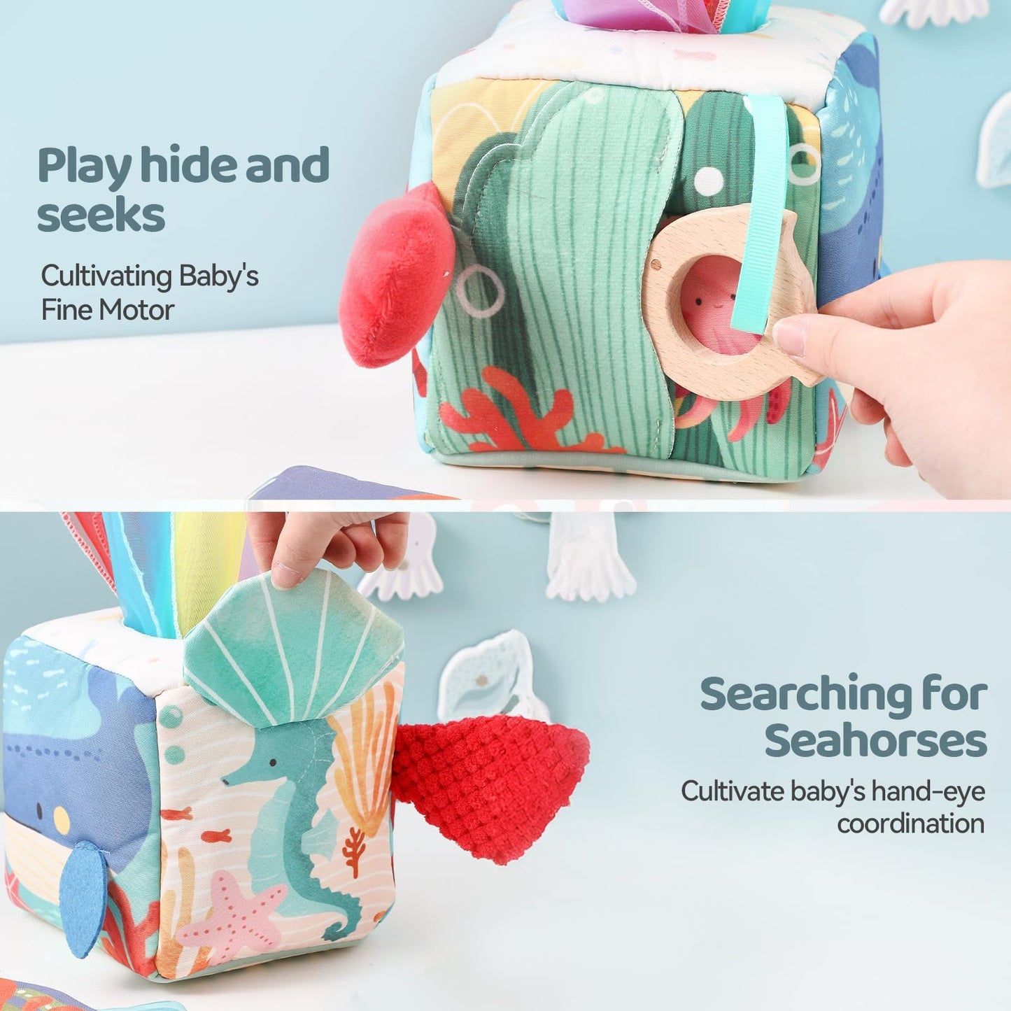 WOODEN TEETHER Tissue Box Montessori Motorikspielzeug, 6-12 Monate Sensorik Baby Spielzeug mit Spiegel, Farben, Texturen, Kinder Frühes Lernspielzeug für Jungen Mädchen Geschenke