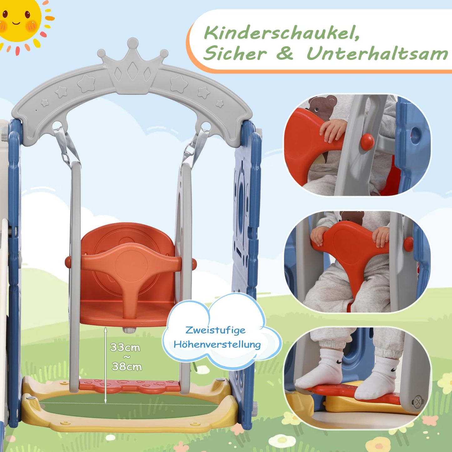 BestAlice 4 in 1 Kinderrutsche Set für Outdoor und Innen, Spielplatz mit Schaukel, Basketballkorb, Kletterleiter, Indoor- und Outdoor-Spielset, 18 Monate + (Blau)
